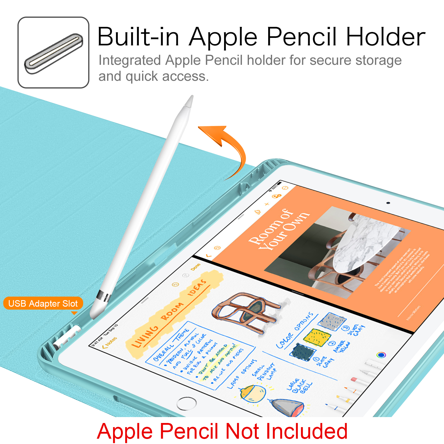 Ein iPad mit einem Apple Pencil, das Raumdesign-Ideen zeigt. Der Text lautet: „Integrierter Apple Pencil-Halter“.