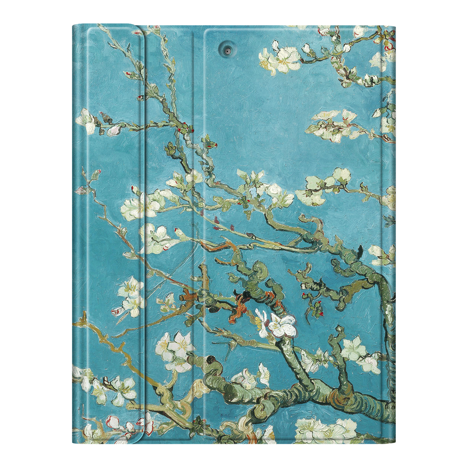 Tablet-Hülle mit einem Druck von Van Goghs Mandelblüte. Äste mit weißen Blüten vor blauem Hintergrund.