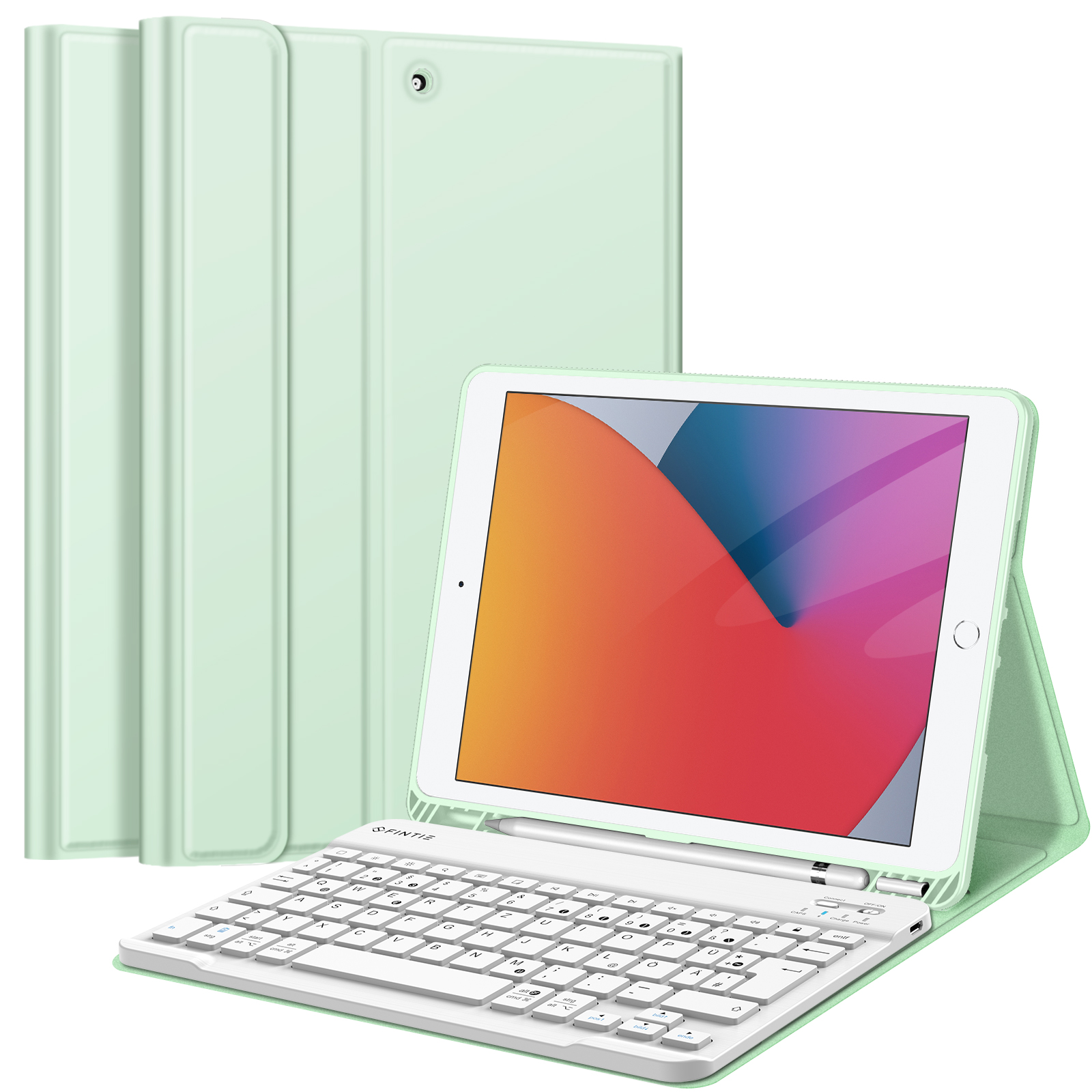 Ein mintgrünes Tablet mit weißer Tastatur und Hülle. Das Tablet zeigt ein farbenfrohes abstraktes Bild.