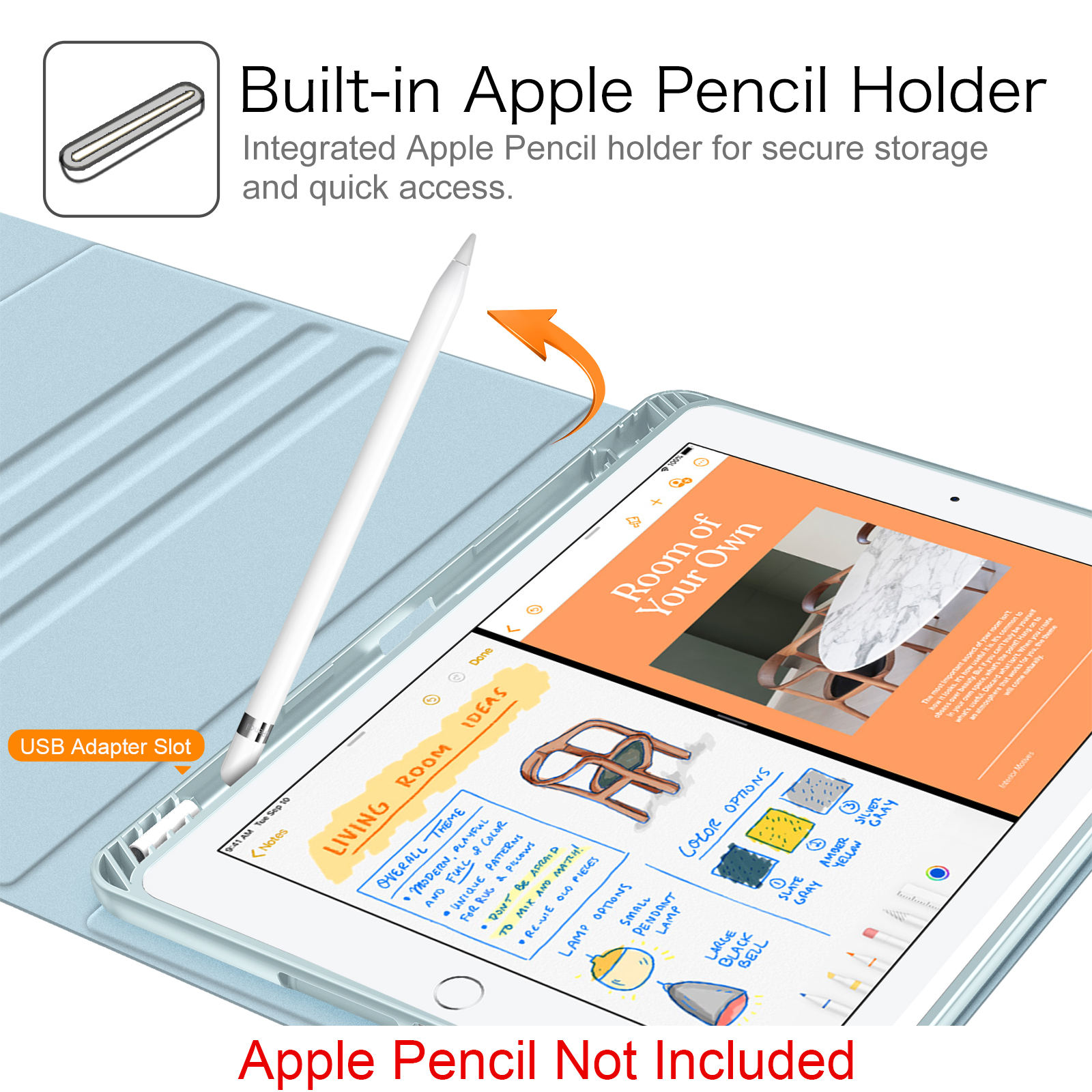 Ein iPad mit Stift in einem hellblauen Gehäuse. Der Bildschirm zeigt Notizen zum Raumdesign mit Farboptionen.