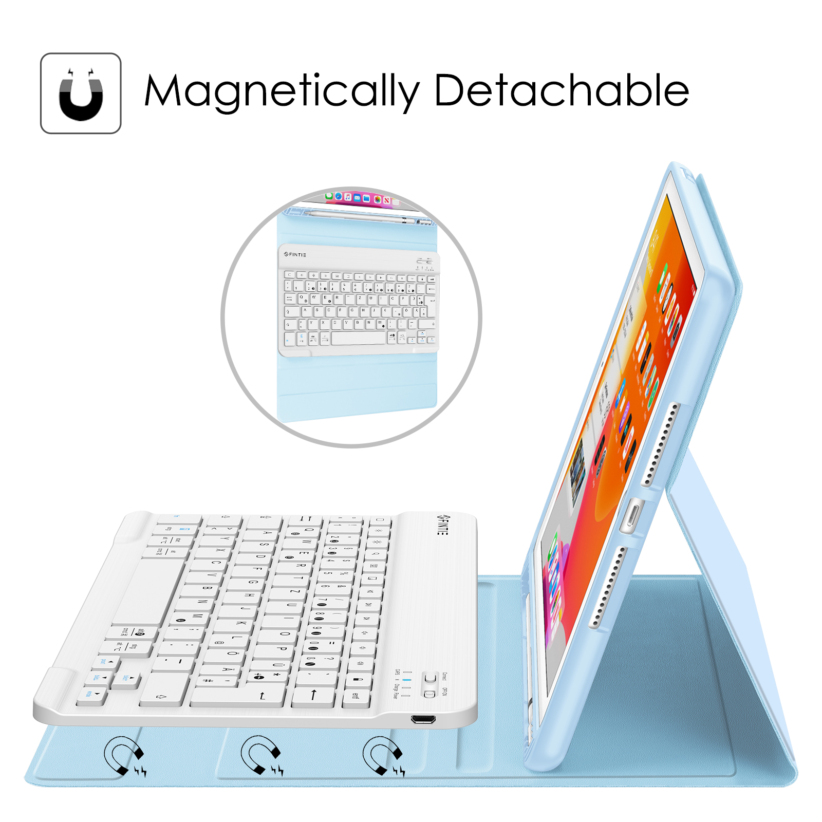 Ein hellblaues iPad-Case mit weißer Tastatur wird gezeigt. Die Tastatur ist magnetisch abnehmbar. Das iPad ist hochgeklappt.