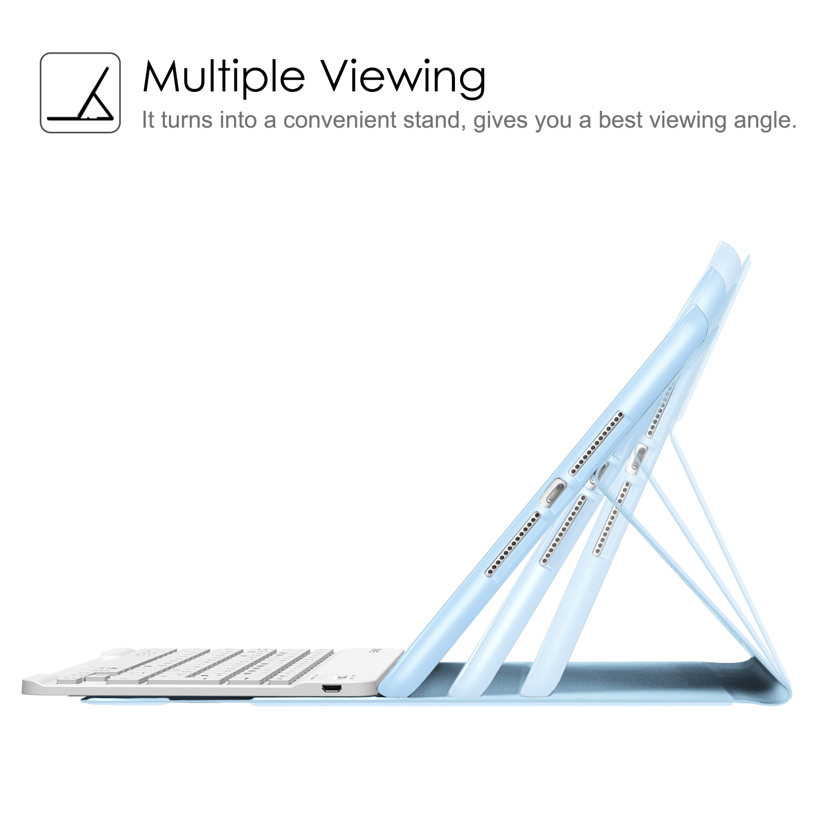 Eine blaue Tablethülle ist aufgestellt und stützt eine weiße Tastatur. Die Hülle befindet sich in mehreren Positionen, die Blickwinkel zeigen.