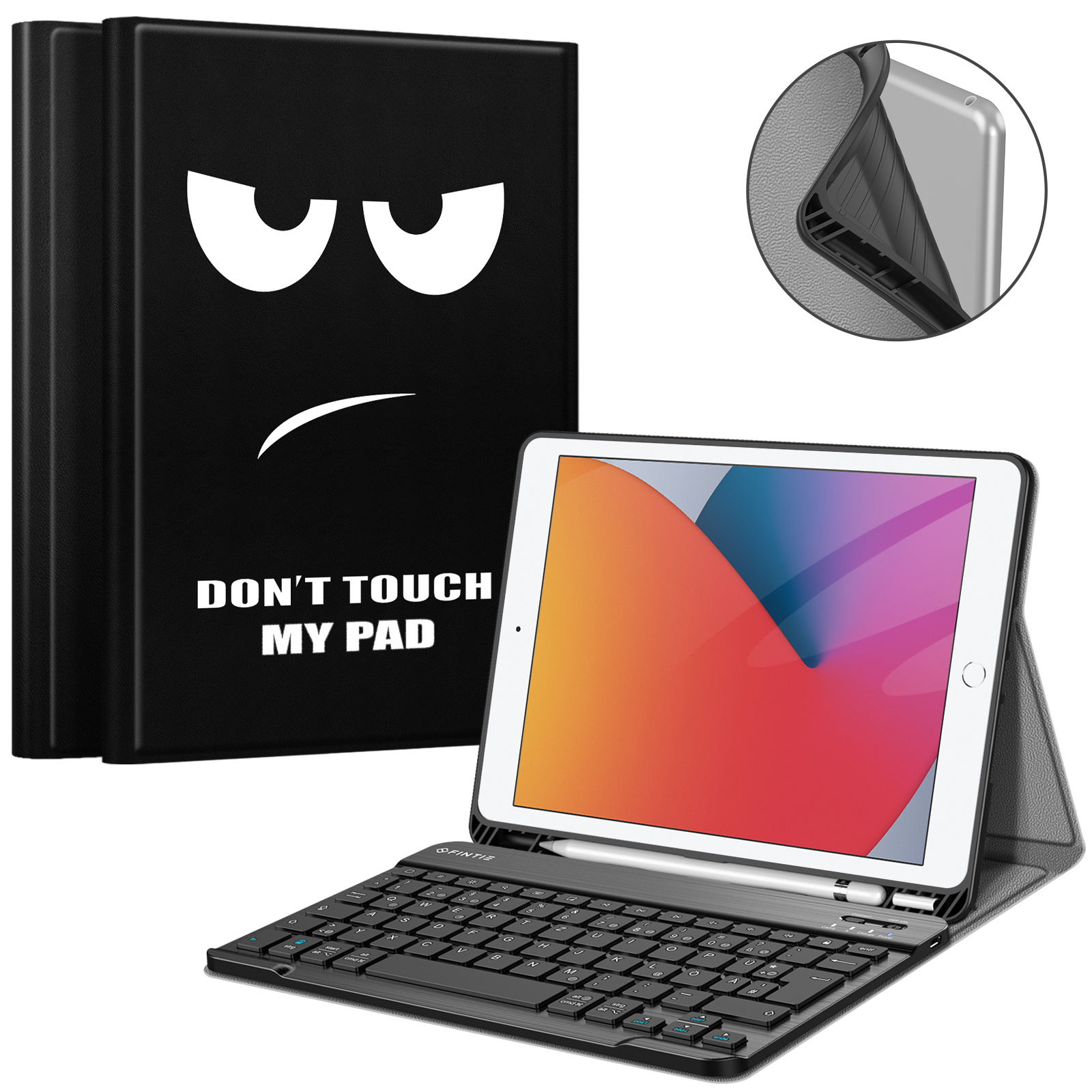 Ein iPad mit Tastatur und Hülle. Die Hülle hat ein Gesicht mit der Aufschrift 'Don't touch my pad'. Eine Nahaufnahme zeigt die Hülle.
