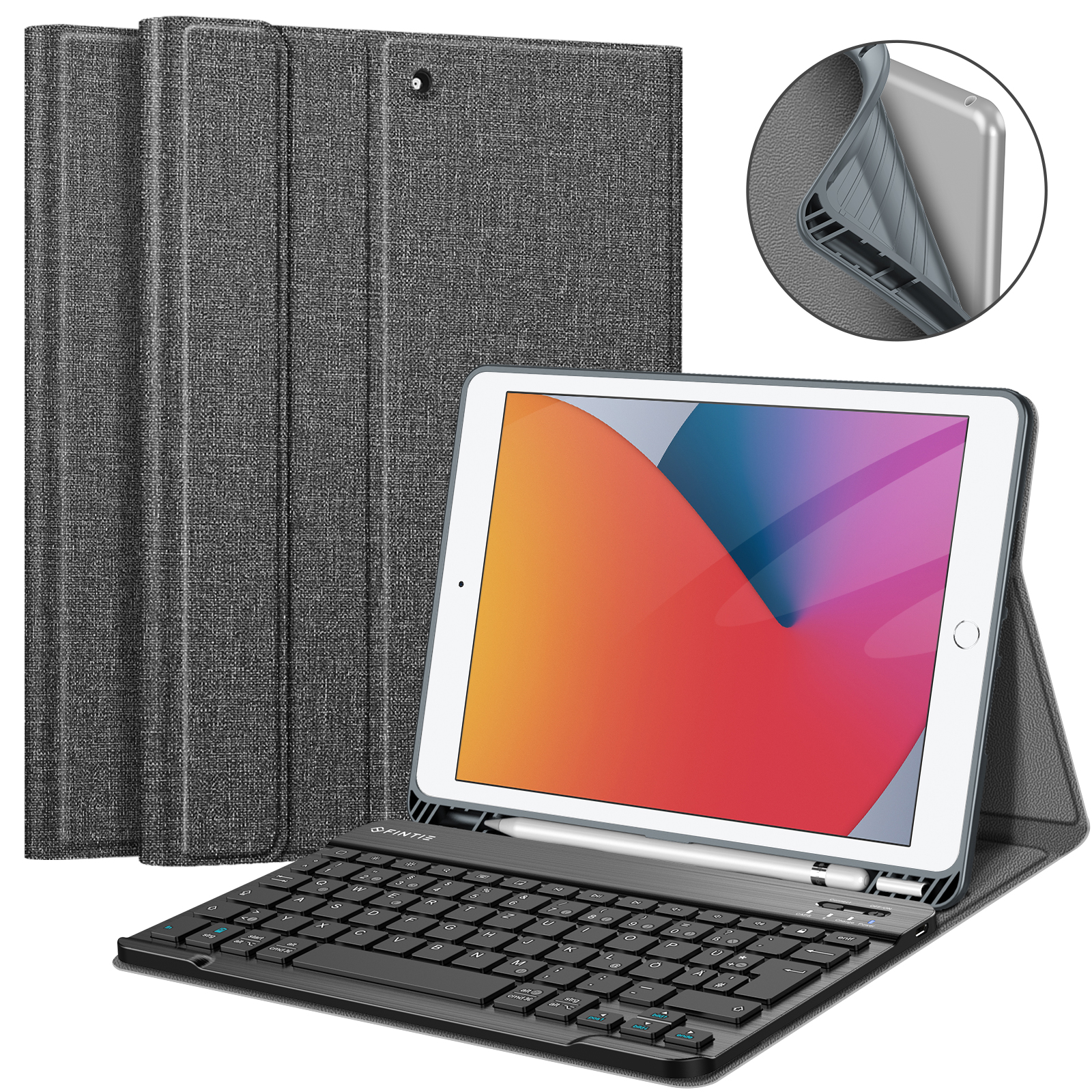 Ein iPad mit Tastatur und Bleistift befindet sich in einer grauen Hülle. Eine Nahaufnahme zeigt die Textur der Hülle.