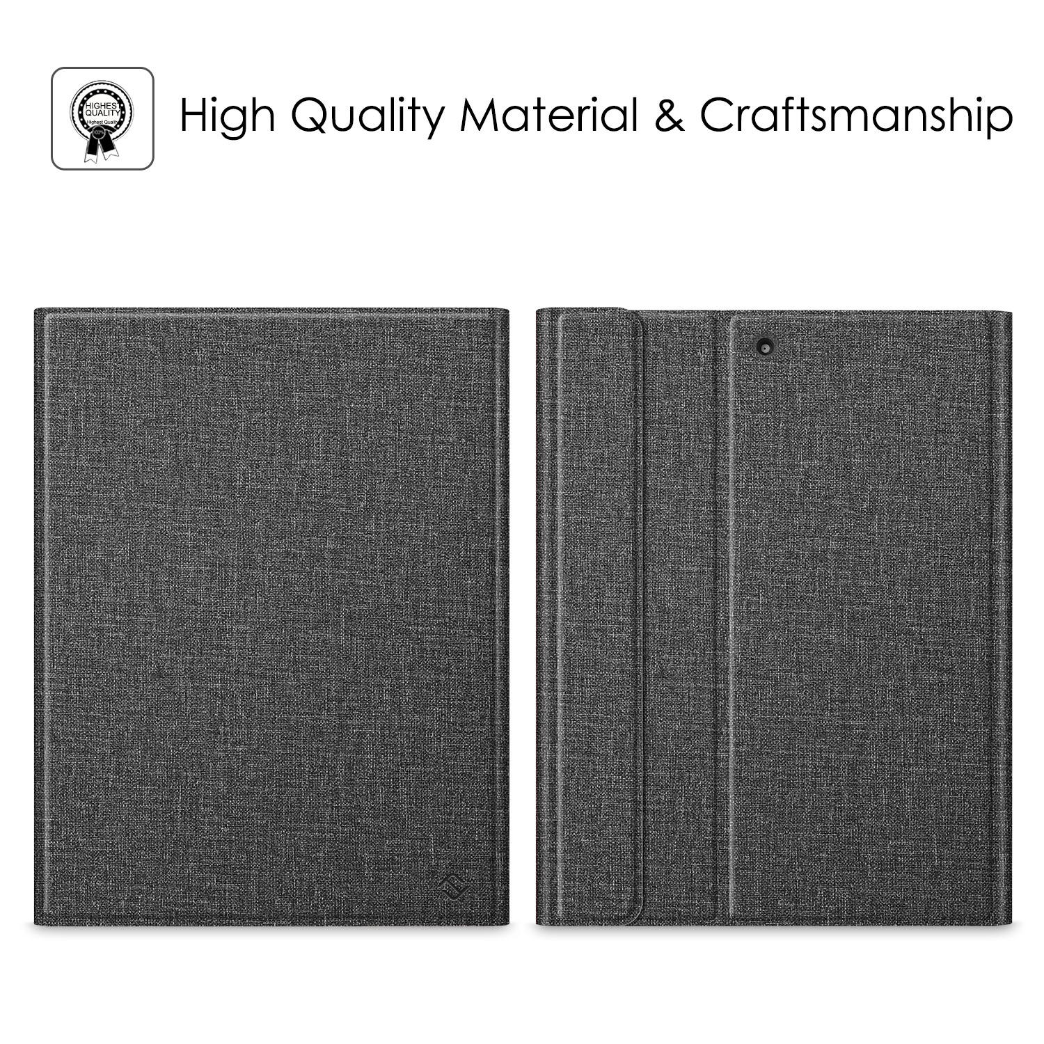 Zwei graue Tablet-Hüllen. Eine offen, die andere geschlossen. Der Text lautet: 'Hochwertiges Material & Handwerkskunst' mit Qualitätsauszeichnung.