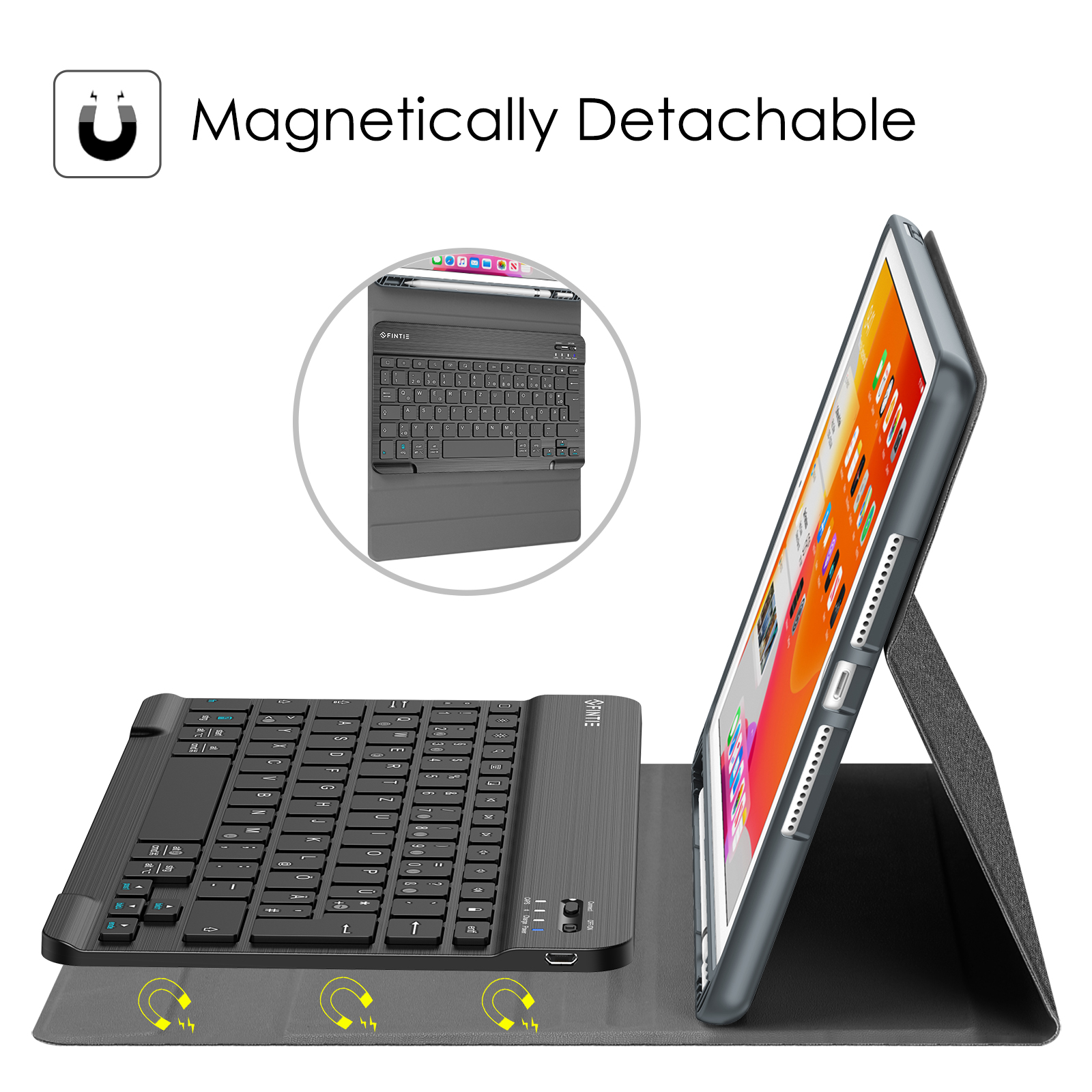 Ein Tablet mit einer Tastaturhülle. Eine Tastatur, ein Tablet und der Text 'Magnetisch abnehmbar' sind sichtbar.