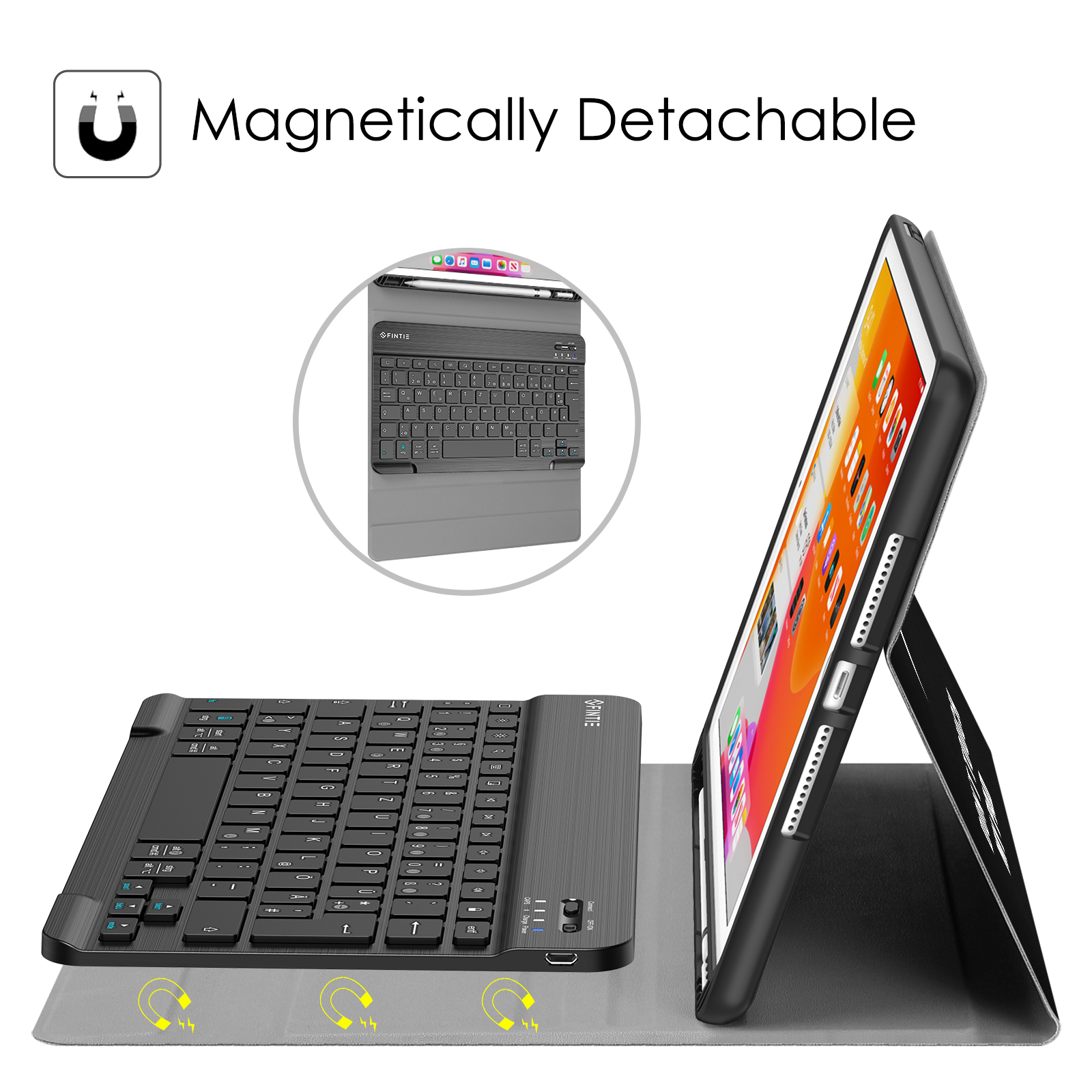 Ein iPad in einem Gehäuse ist aufgestellt, darunter eine Tastatur. Ein kreisförmiger Einsatz zeigt eine Tastatur-Case-Kombination. Text: 'Magnetisch abnehmbar'.