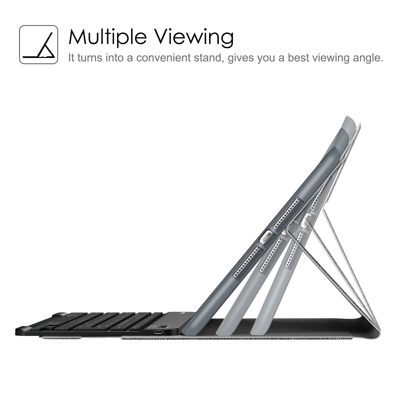 Tastatur für Tablets in verschiedenen Betrachtungswinkeln. Schwarze Tastatur, graue Tablet-Hülle, weißer Hintergrund. Verschiedene Ständerpositionen.