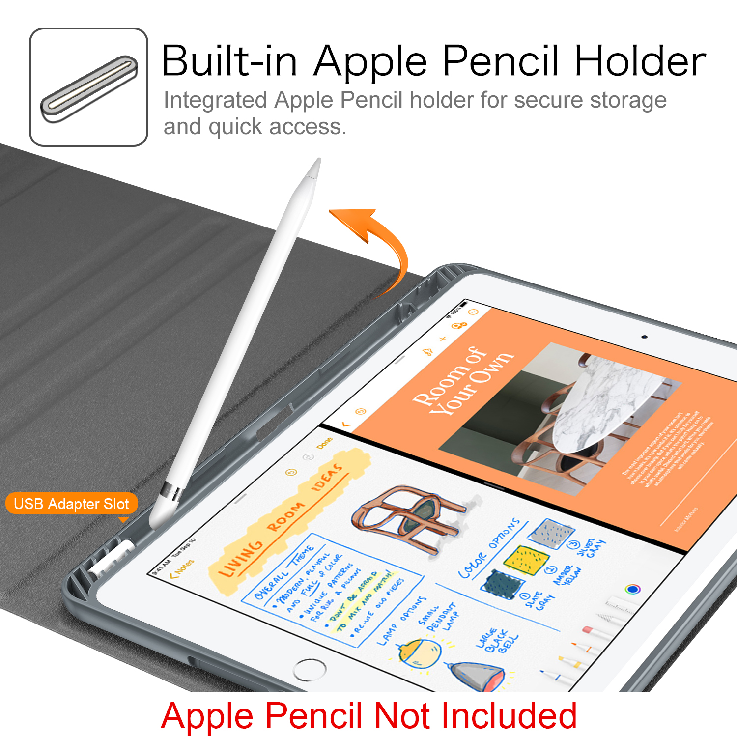 iPad mit Stift, Notizen auf dem Bildschirm und Text 'Built-in Apple Pencil Holder', mit einem orangefarbenen Pfeil.