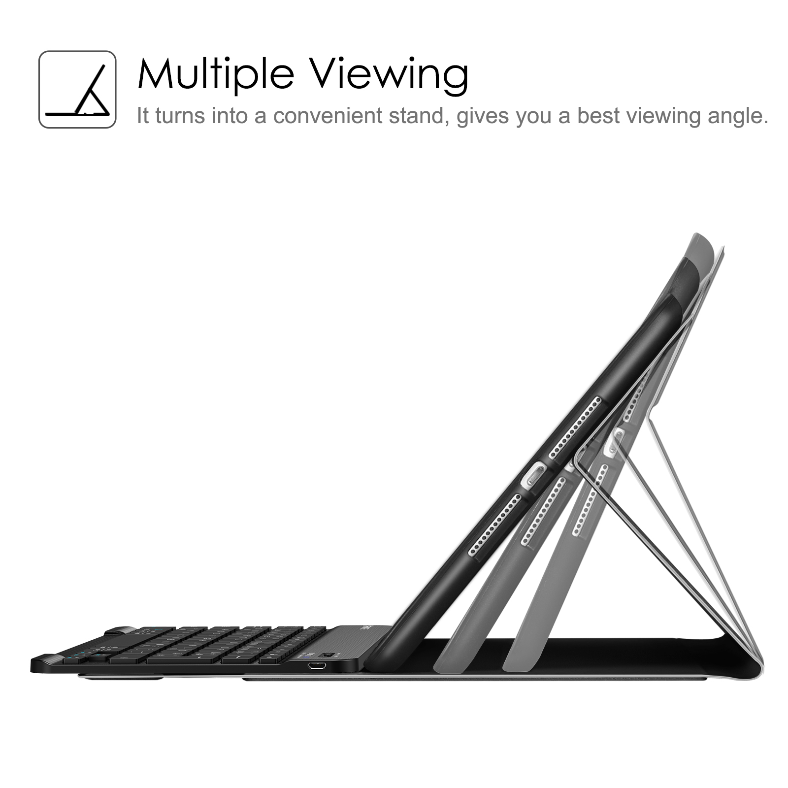 Ein schwarzes Tablet mit angeschlossener Tastatur wird in mehreren Betrachtungswinkeln gezeigt. Es ist als Ständer konzipiert.