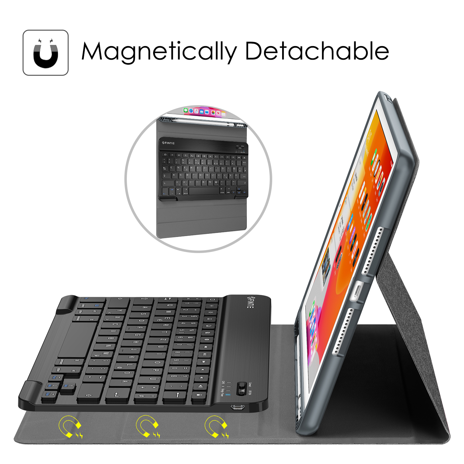 Ein iPad mit Tastaturhülle. Die Tastatur ist schwarz und das iPad in einer grauen Hülle. Die Hülle hat einen Magnetanschluss.