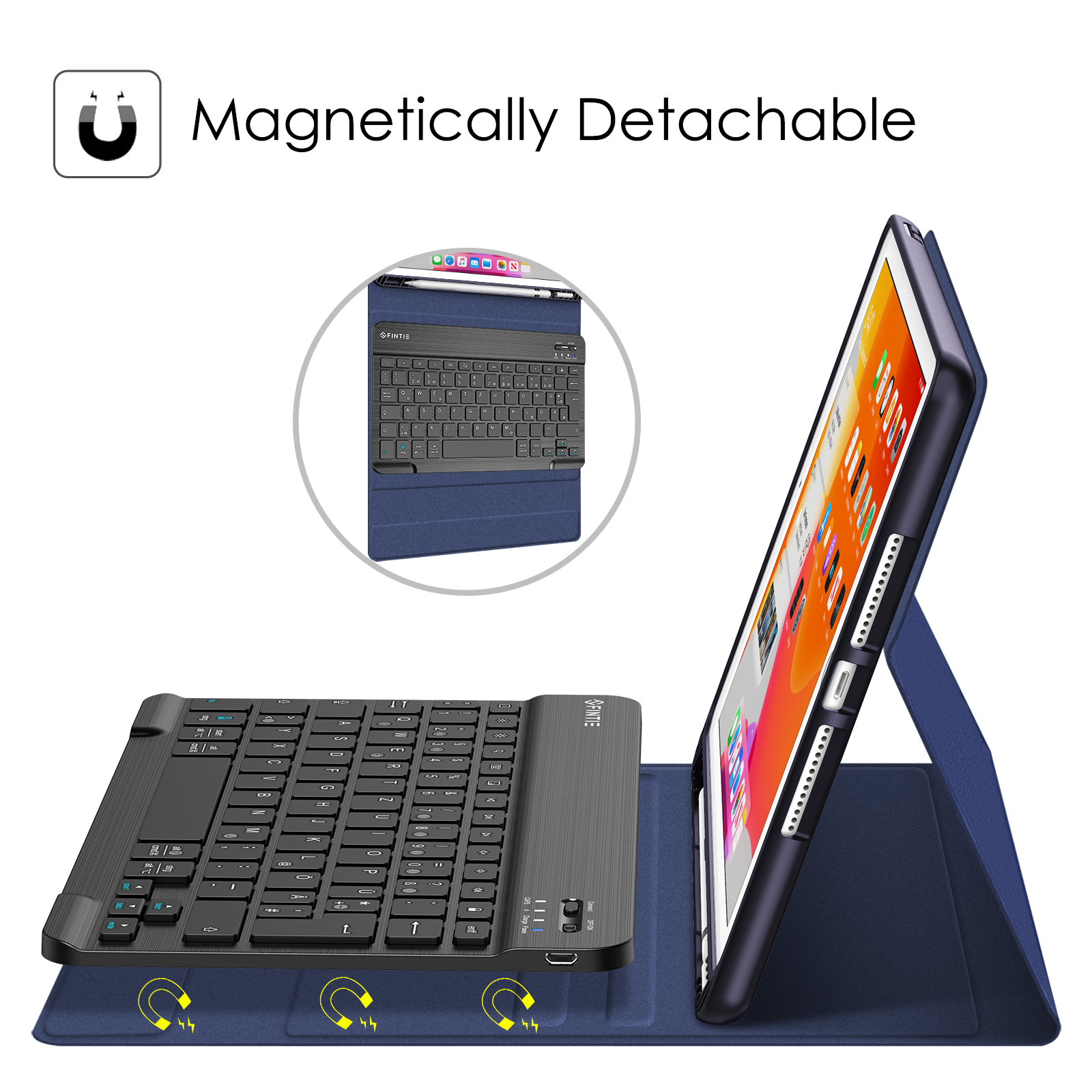 Ein Tablet mit Tastaturhülle wird angezeigt. Die Tastatur ist schwarz und die Hülle marineblau. Eine kleinere Version wird gezeigt.