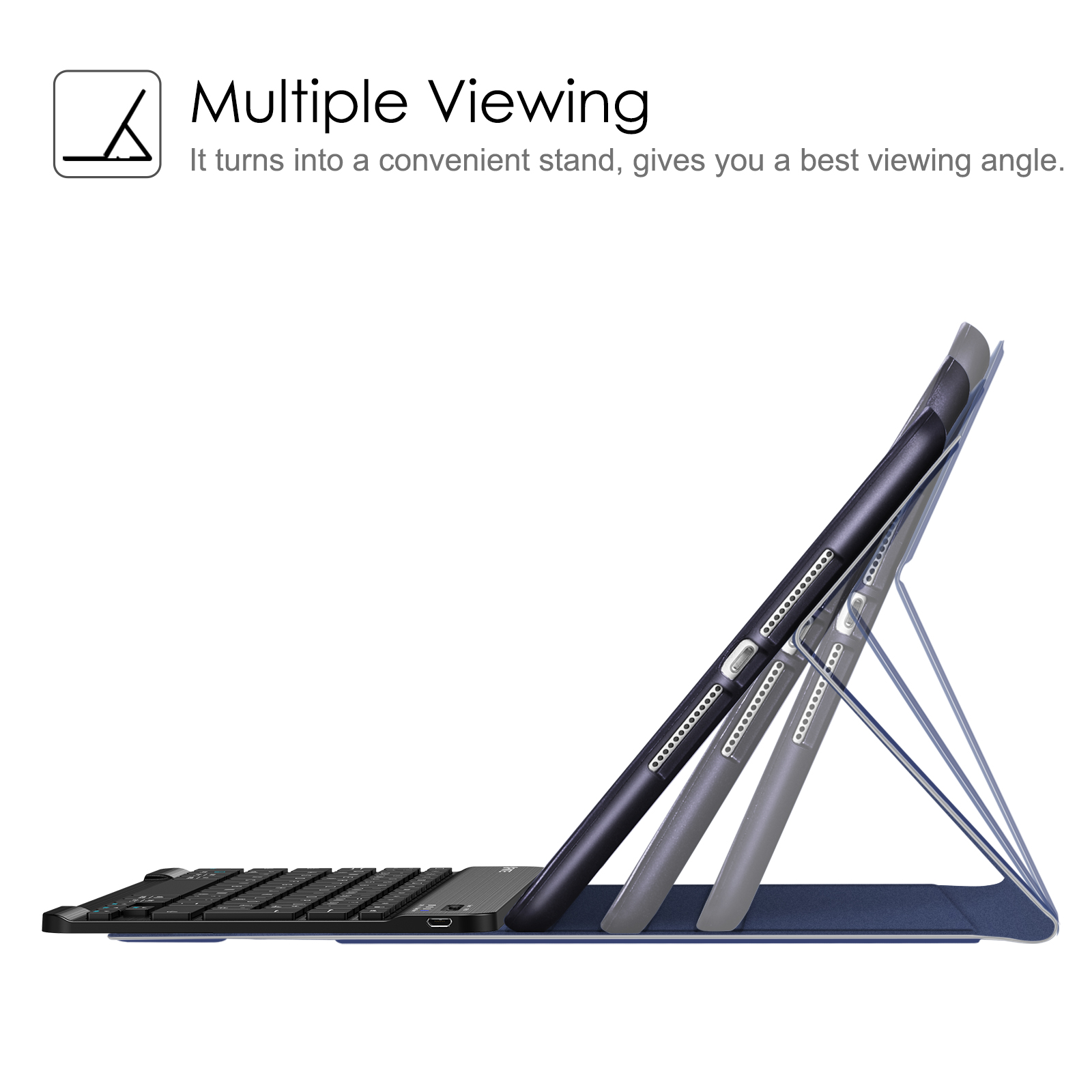 Ein Tablet mit Tastatur ist abgewinkelt. Das Tablet wird von einem Ständer gehalten. Die Szene befindet sich auf weißem Hintergrund.