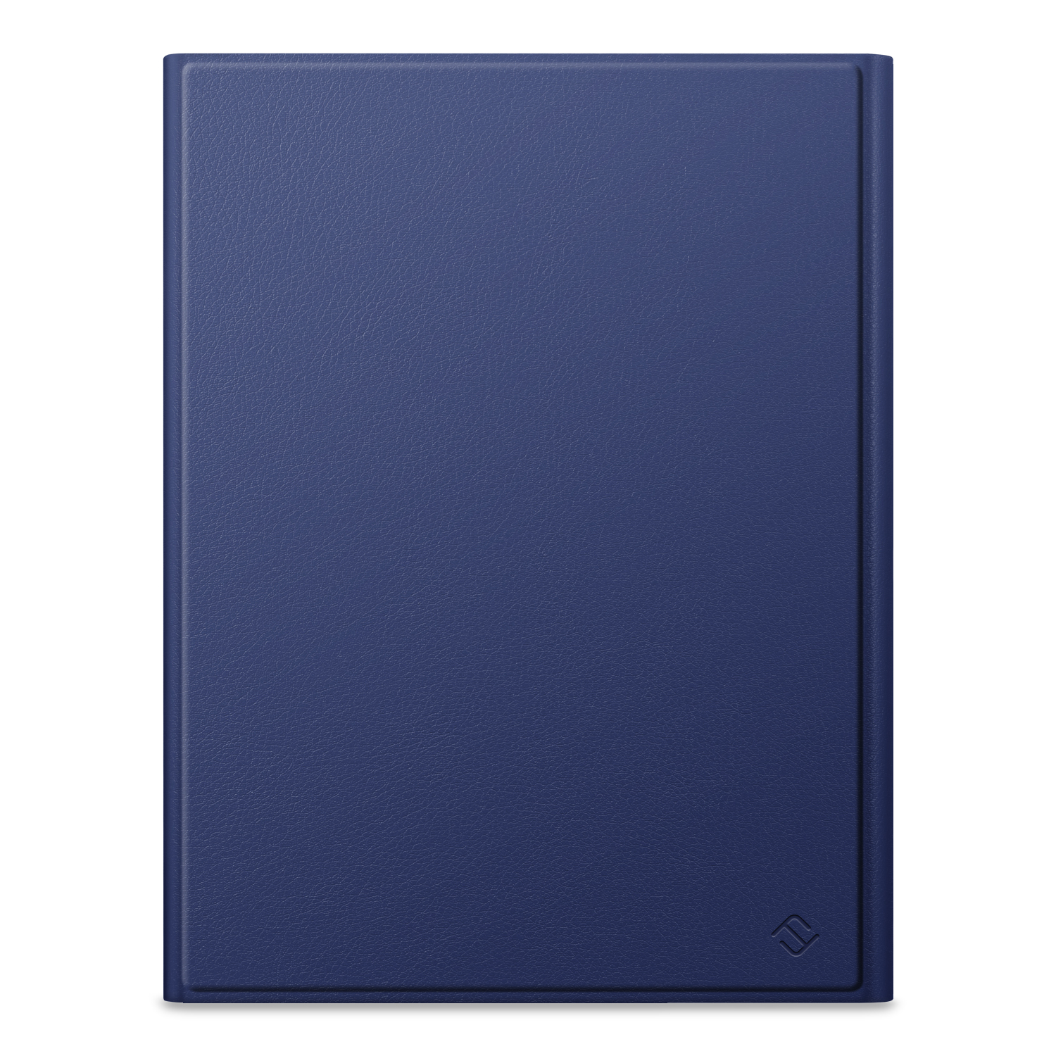Eine marineblaue Tablet-Hülle aus Leder. Die Hülle ist rechteckig mit abgerundeten Ecken, ein kleines Logo ist unten rechts sichtbar.