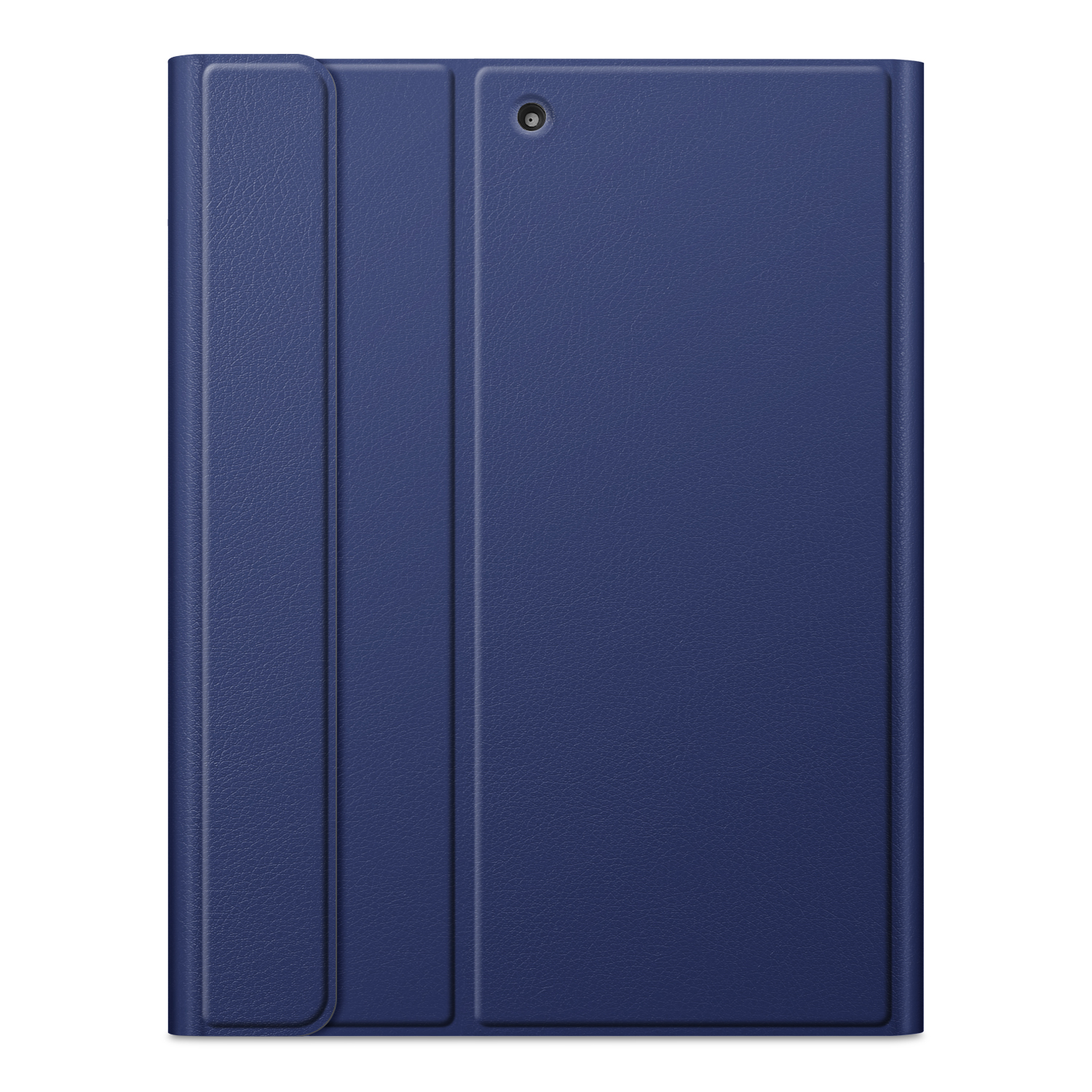 Eine marineblaue Tablethülle mit strukturierter Oberfläche. Die Hülle ist offen und zeigt das Innere und die Kameralinse.