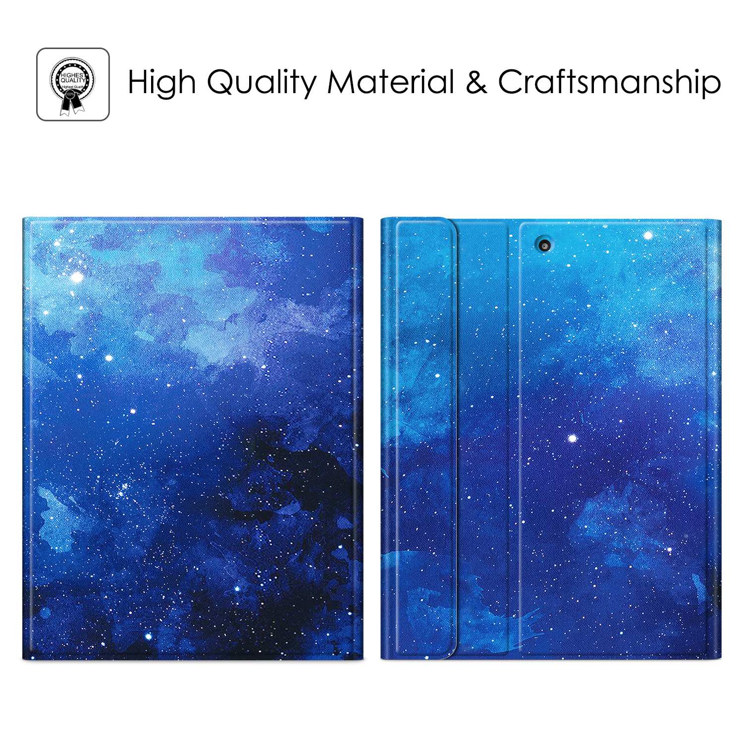 Zwei Tablet-Hüllen, eine geschlossen, eine offen, mit blauem Galaxy-Design. Text: Hochwertiges Material & Verarbeitung.
