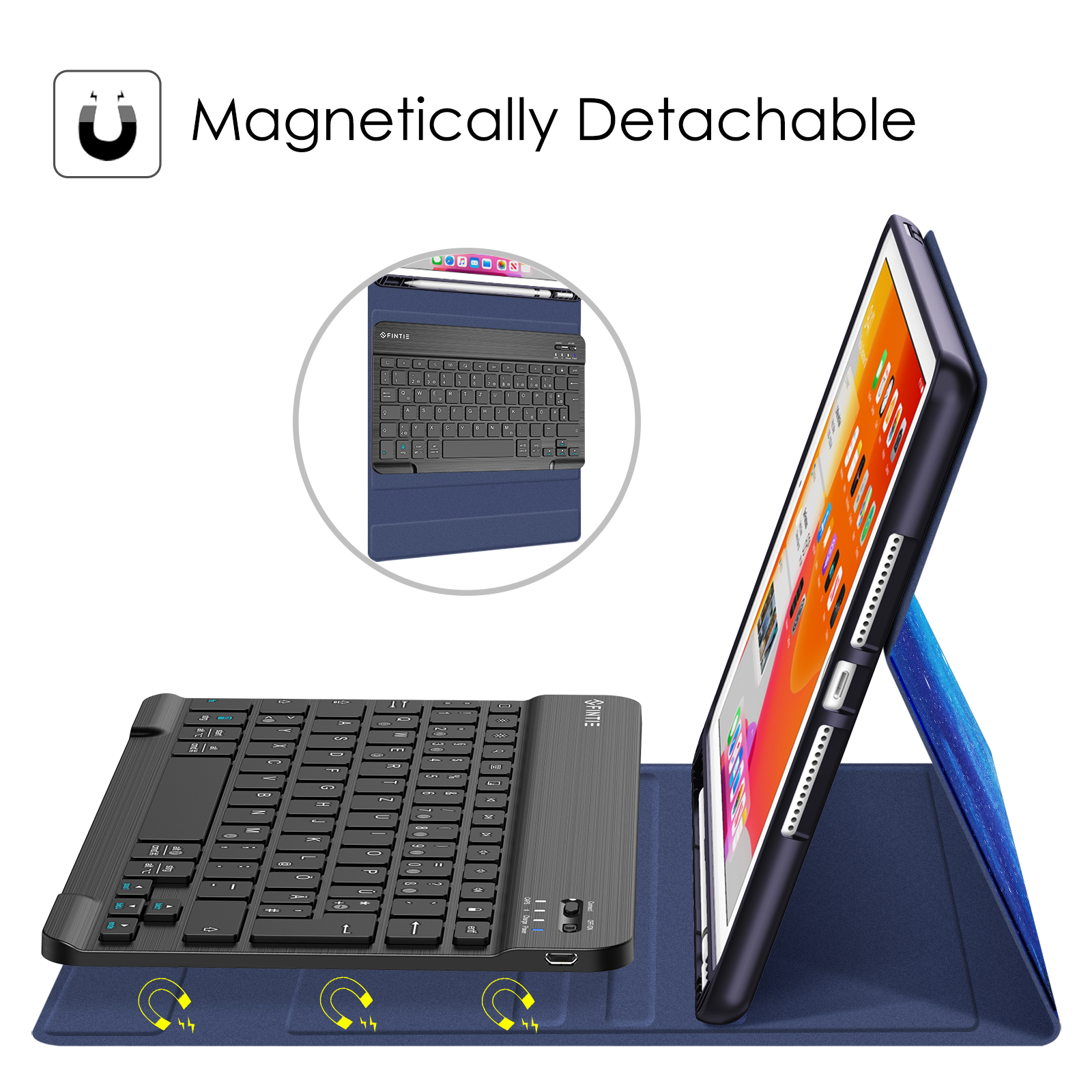 Ein Tablet mit angeschlossener Tastatur. Die Tastatur ist schwarz, und das Tablet ist hochgeklappt. Die Hülle ist blau.
