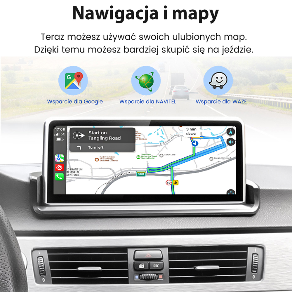 Deska rozdzielcza samochodu z ekranem nawigacji pokazującym mapę. Ikony Map Google, Navitel i Waze są wyświetlane nad ekranem.