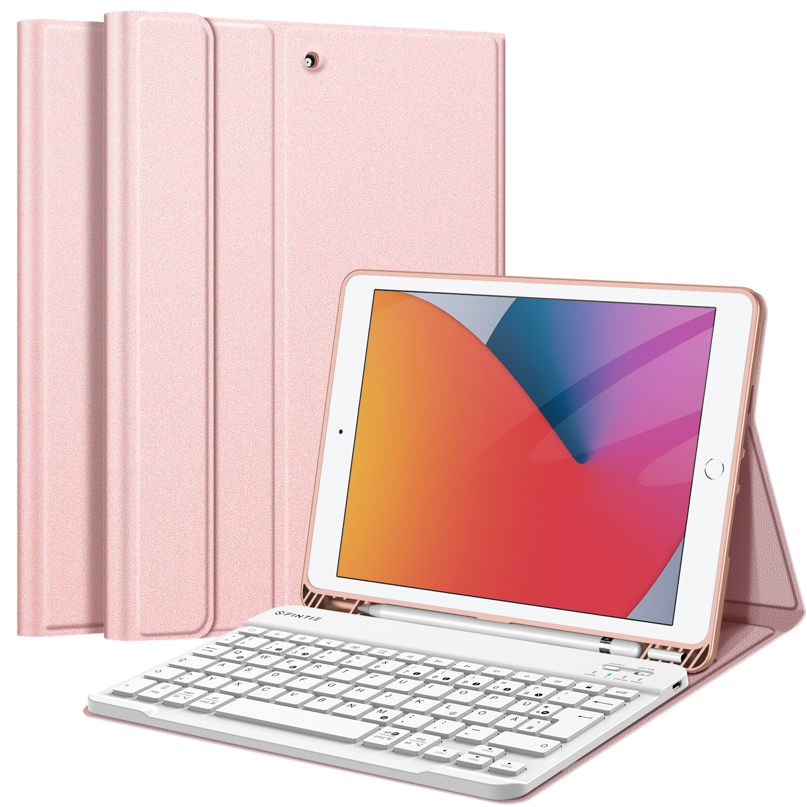Rosa iPad mit Tastatur und Hülle. Display zeigt buntes Bild. Hülle und Tastatur sind weiß. Das Gehäuse hat eine strukturierte Oberfläche.