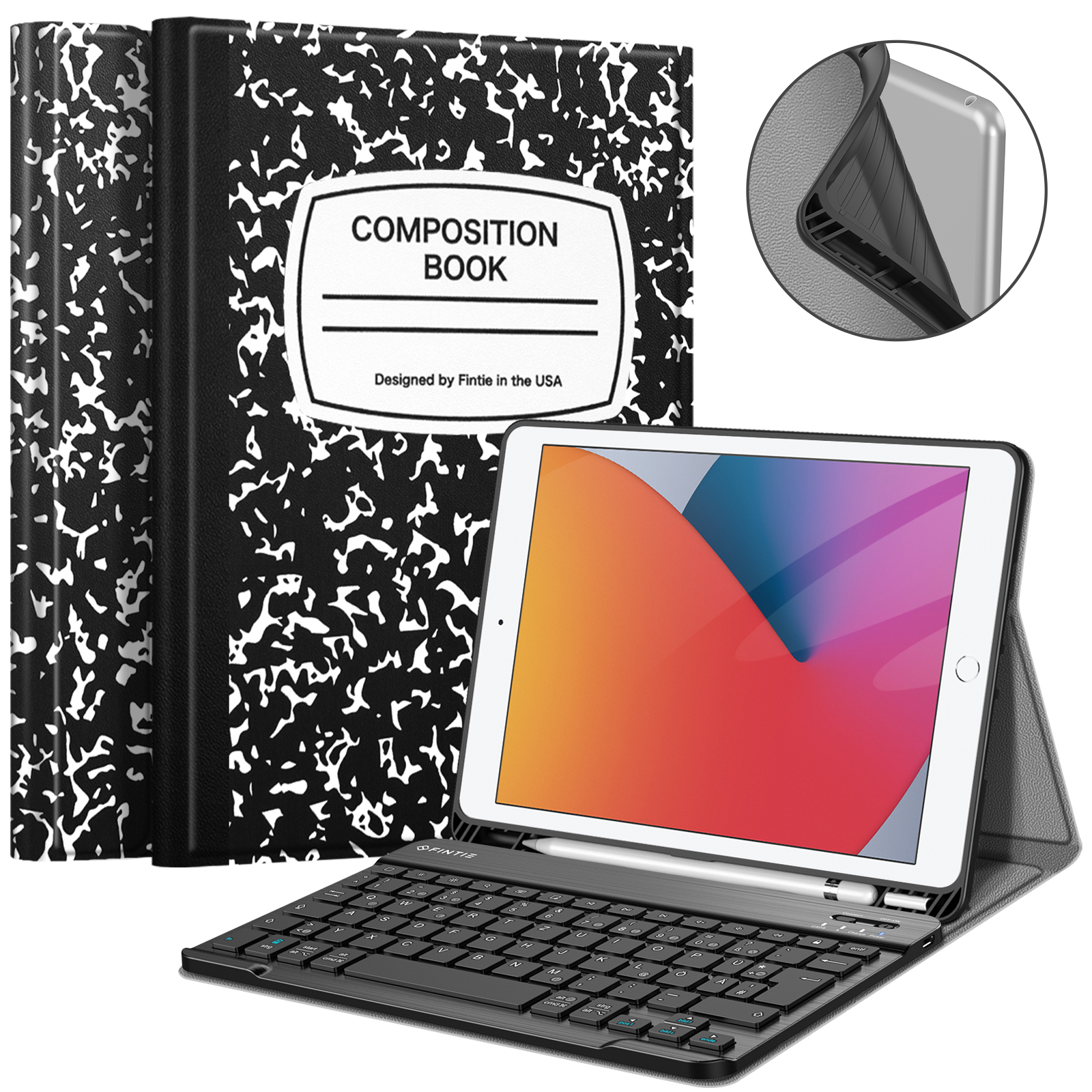 Notizbuch, iPad mit Tastatur und Stift sowie eine Nahaufnahme einer iPad-Hülle.