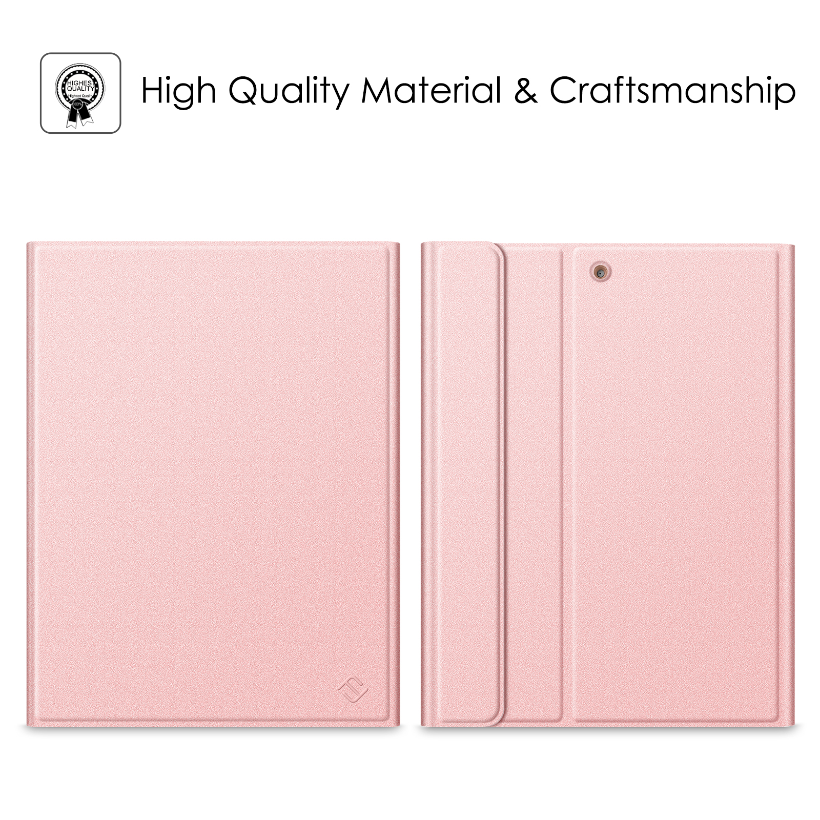 Rosa Tablethülle, offen und geschlossen, mit "High Quality"-Logo. Text: Hochwertiges Material & Verarbeitung.