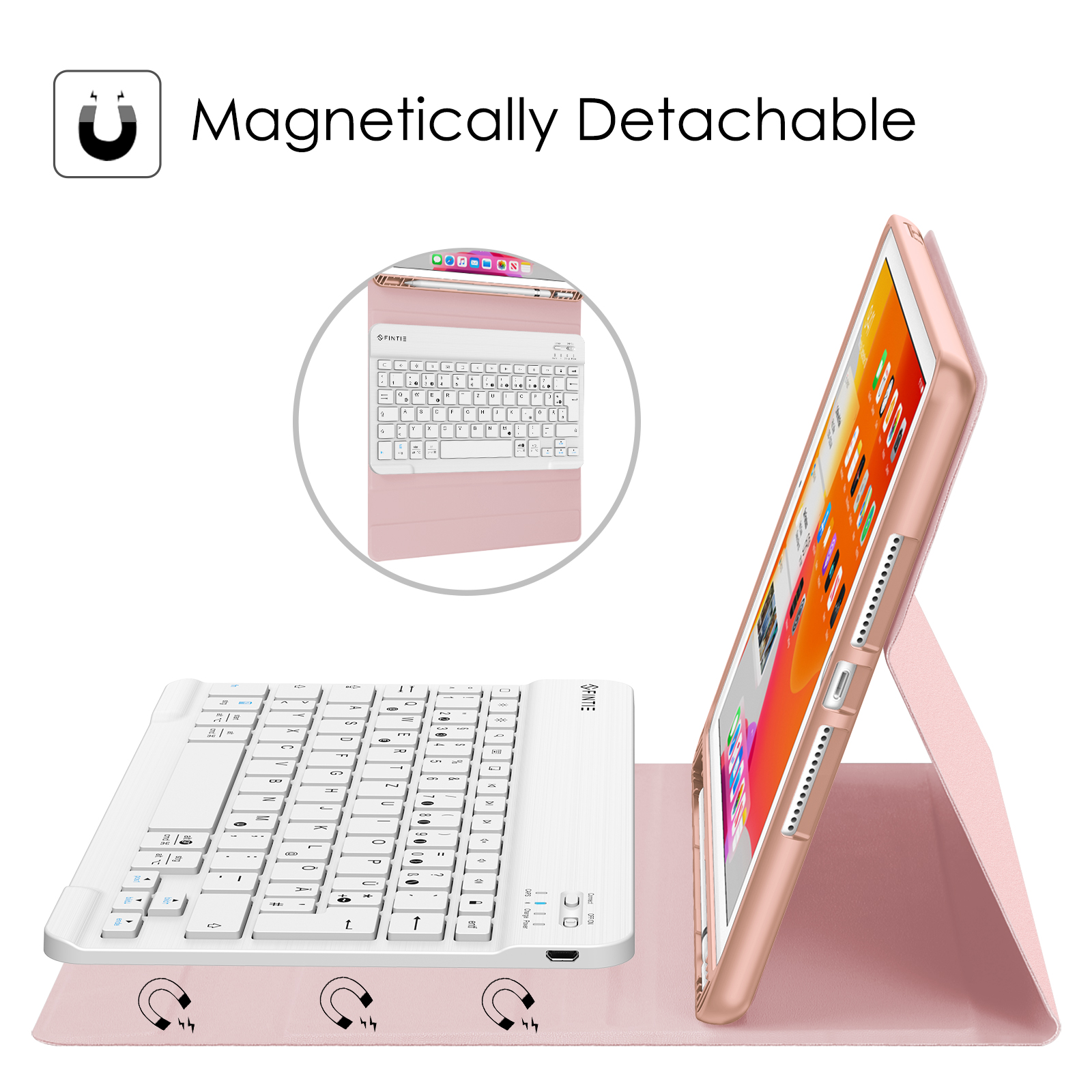 Ein iPad mit Tastaturhülle, magnetisch abnehmbar. Die Hülle ist rosa und die Tastatur weiß.