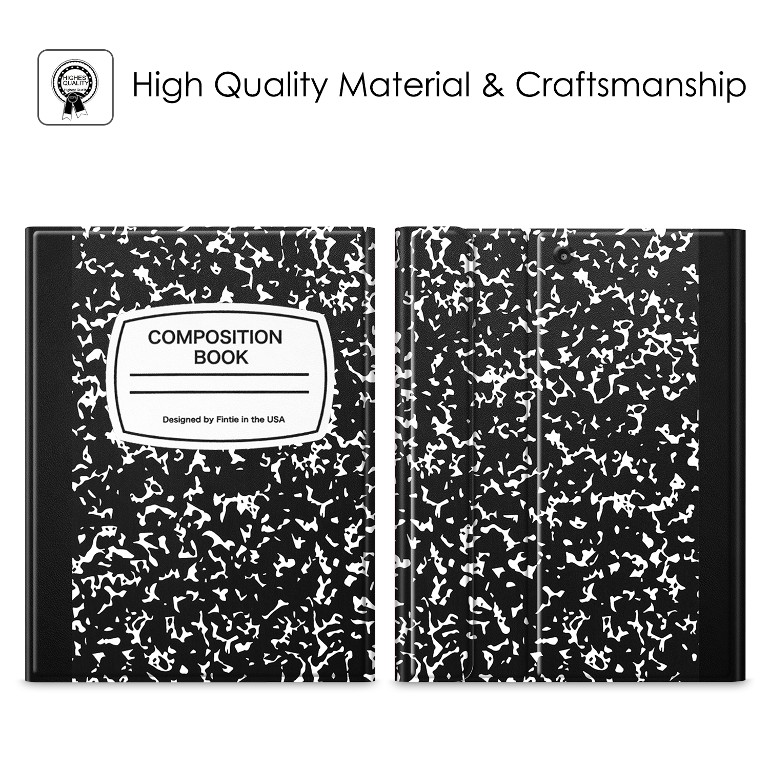 Zwei Notizbücher nebeneinander. Eines offen, das andere geschlossen. Schwarz-Weiß-Design. Hochwertiges Material und Verarbeitung.