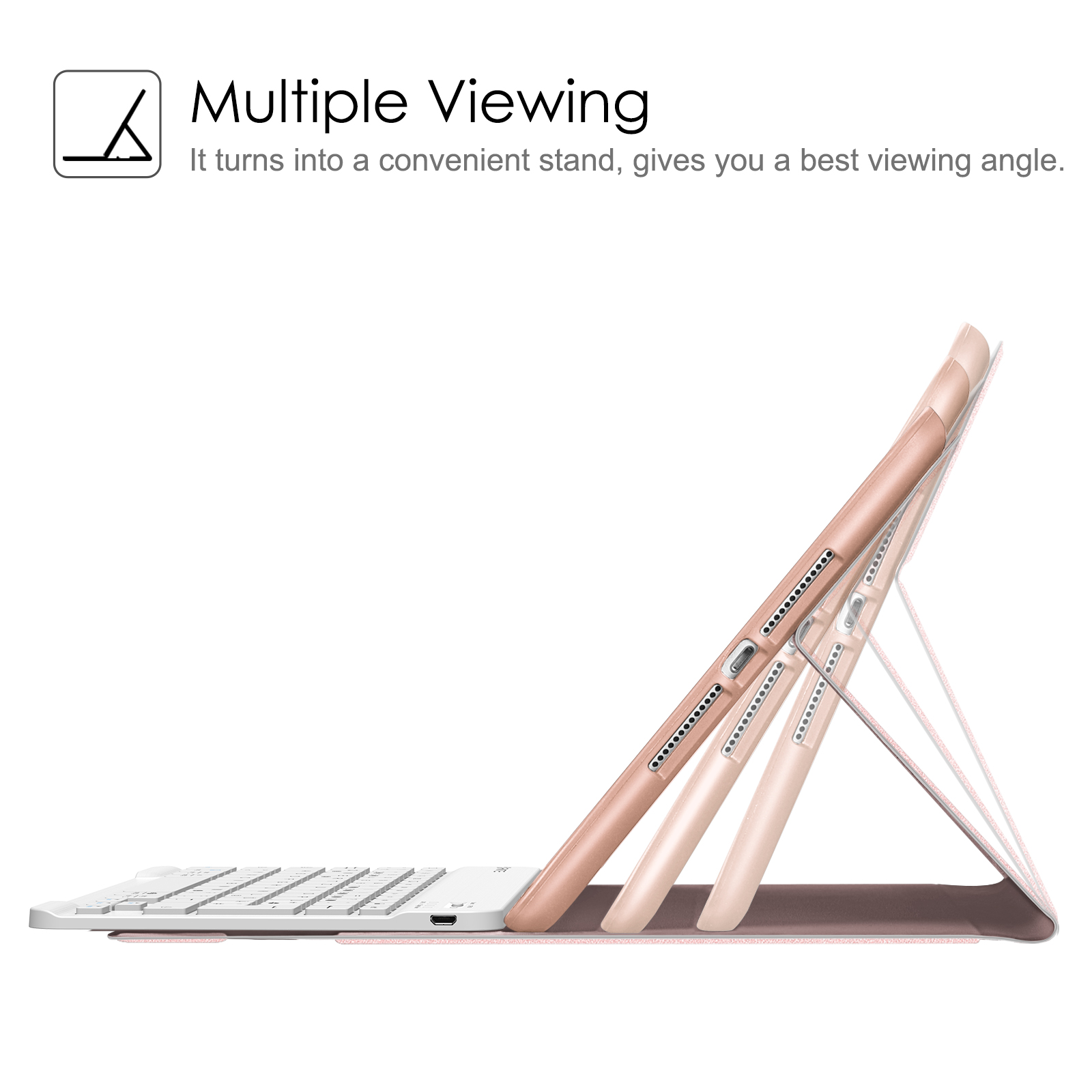 Eine Tablethülle mit mehreren Betrachtungswinkeln. Die Hülle ist roségoldfarben und mit einer weißen Tastatur verbunden.