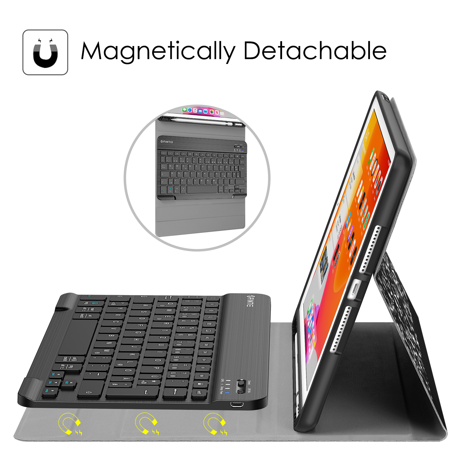 Ein Tablet mit Tastaturhülle. Die Tastatur ist schwarz. Das Tablet ist aufgestellt. Der Hintergrund ist weiß.