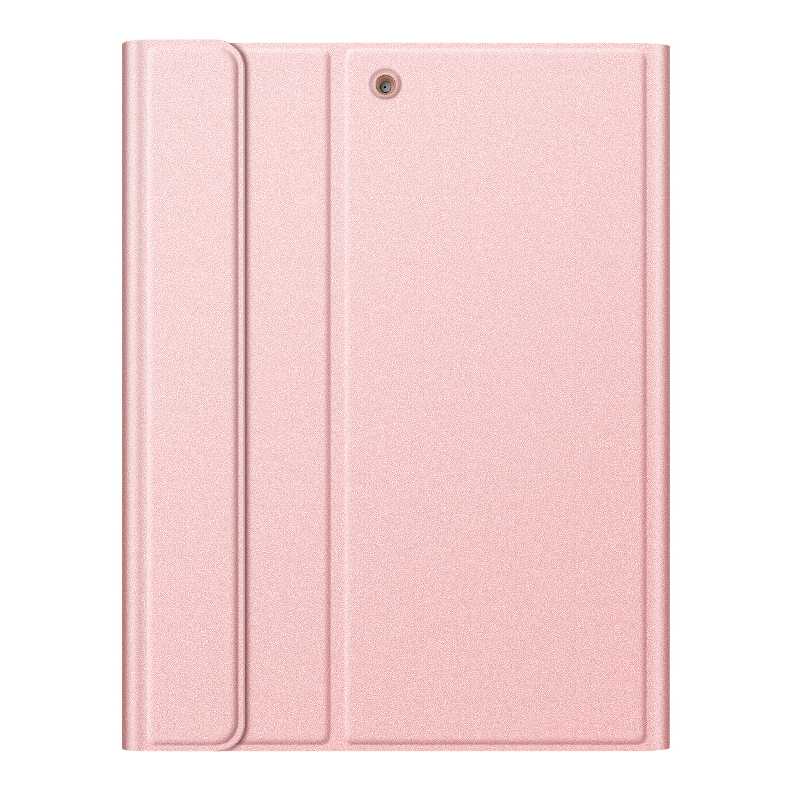 Eine rosa Tablethülle. Die Hülle ist geschlossen und zeigt die Vorderseite. Sie hat ein Kamerloch. Die Oberfläche hat eine körnige Textur.