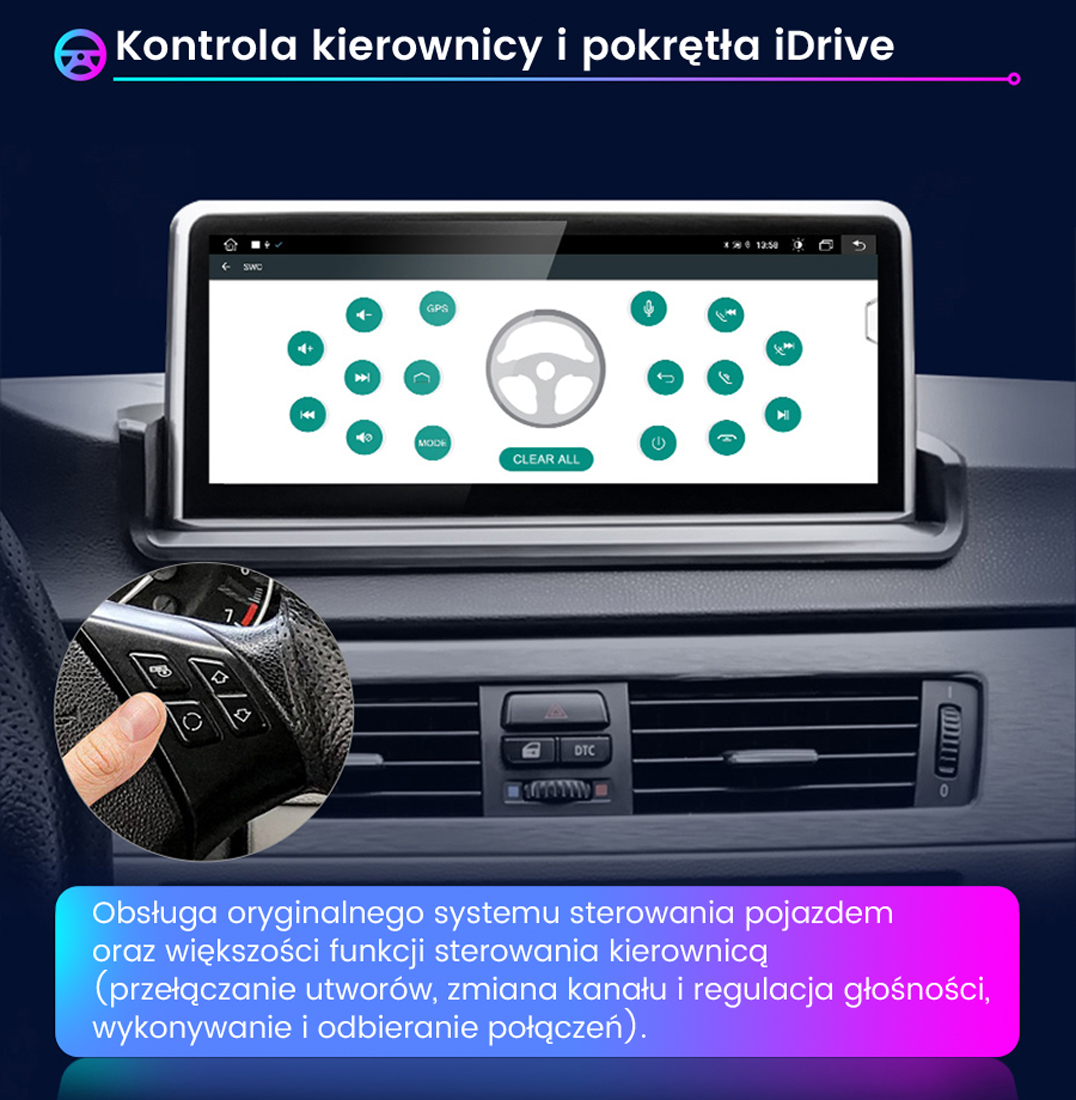 Panel samochodu z ekranem pokazującym sterowanie kierownicą i ręką dotykającą przycisków. Tekst w języku polskim.