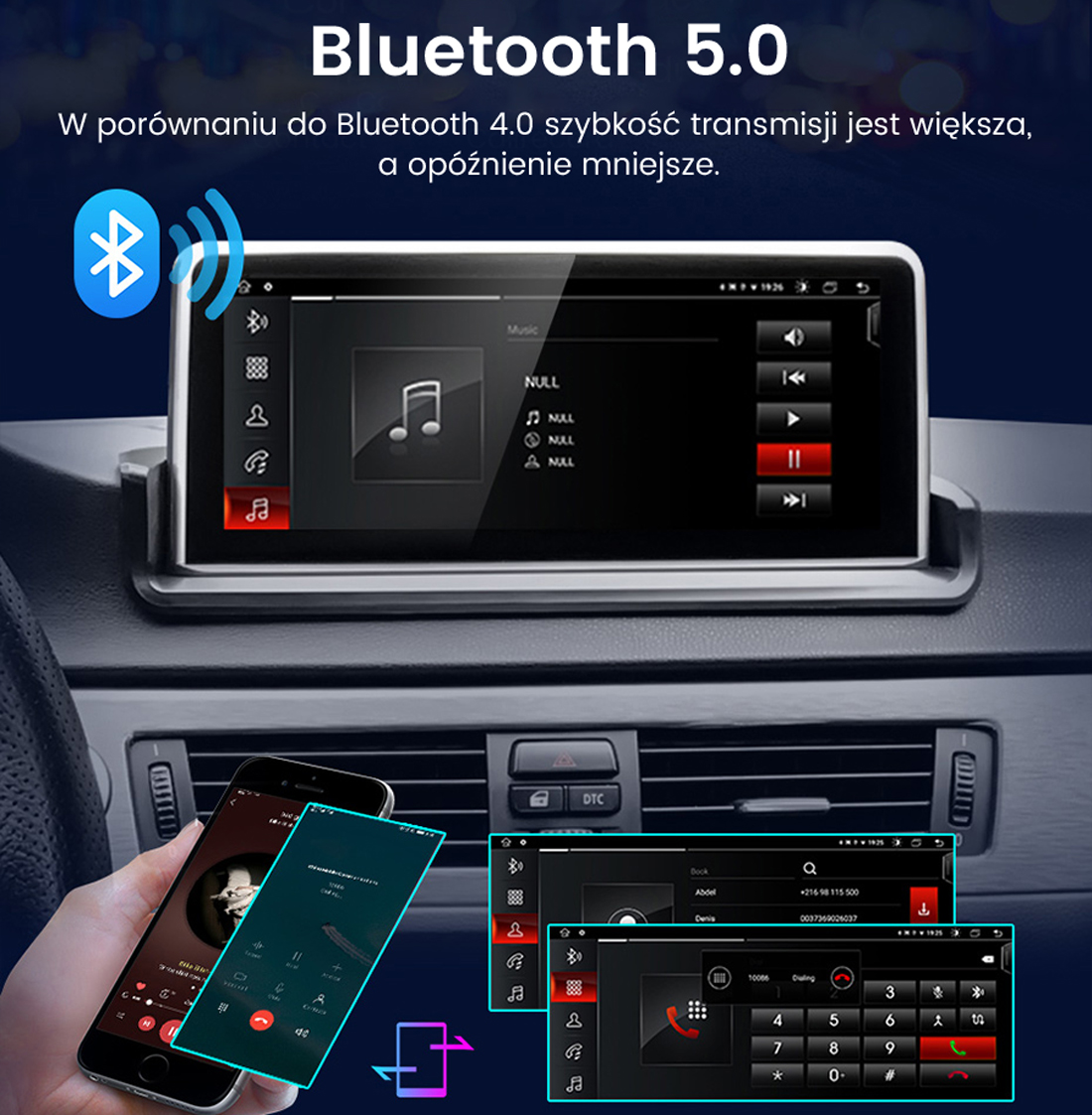 Deska rozdzielcza samochodu z telefonem pokazującym ekran połączenia i aplikację muzyczną. Widoczne jest również logo Bluetooth 5.0 i system multimedialny samochodu.