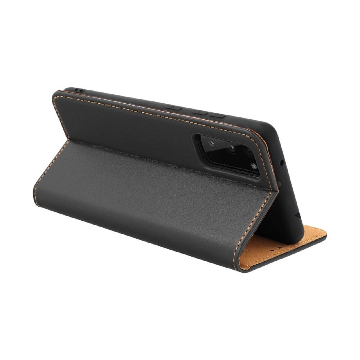 Schwarze Leder-Handyhülle, offen, zeigt ein Telefon. Braune Nähte an den Rändern. Beige Innenausstattung.