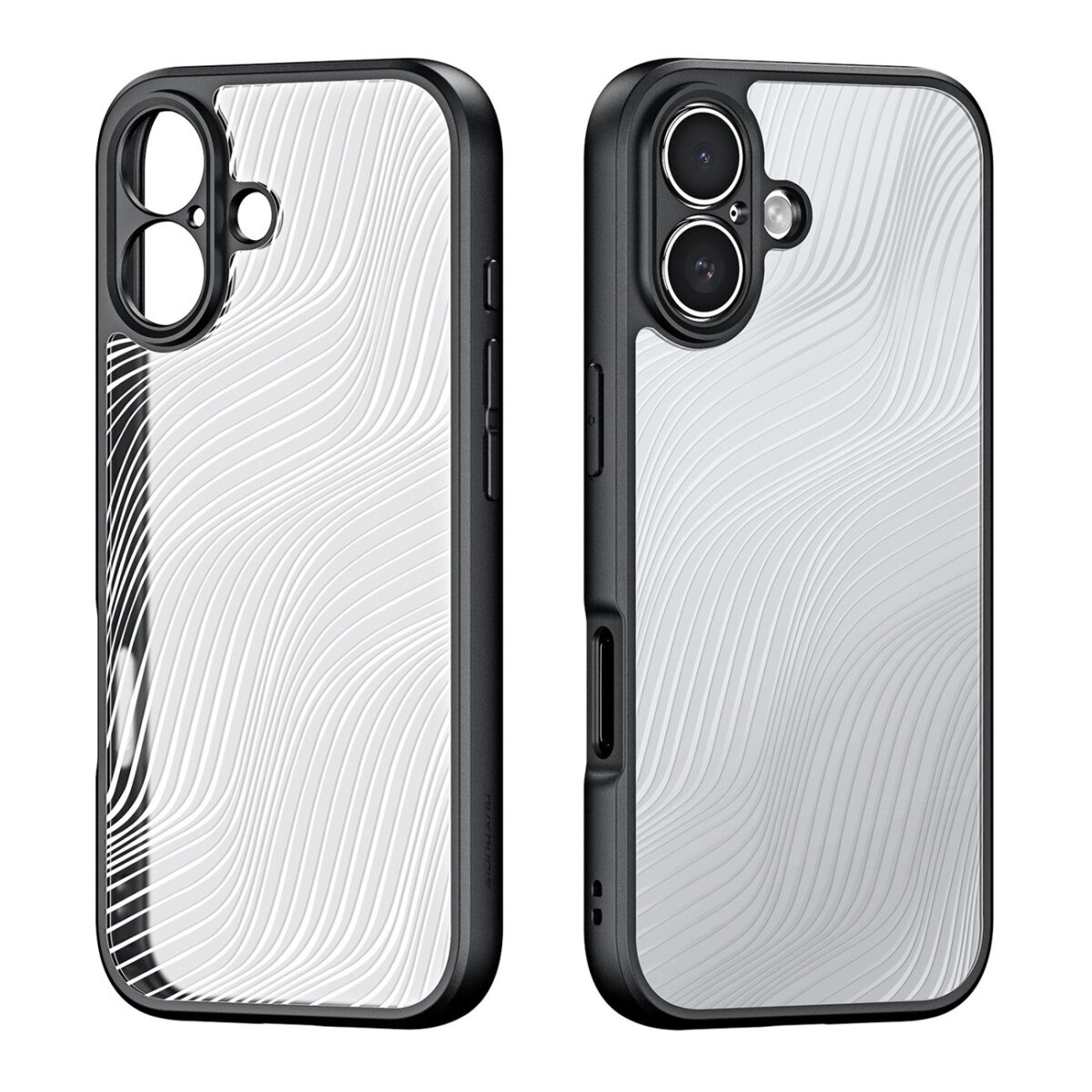 Zwei Handyhüllen mit Wellendesign. Die Hüllen sind schwarz mit einem silbernen Wellenmuster. Eine Hülle hat Kameraausschnitte.