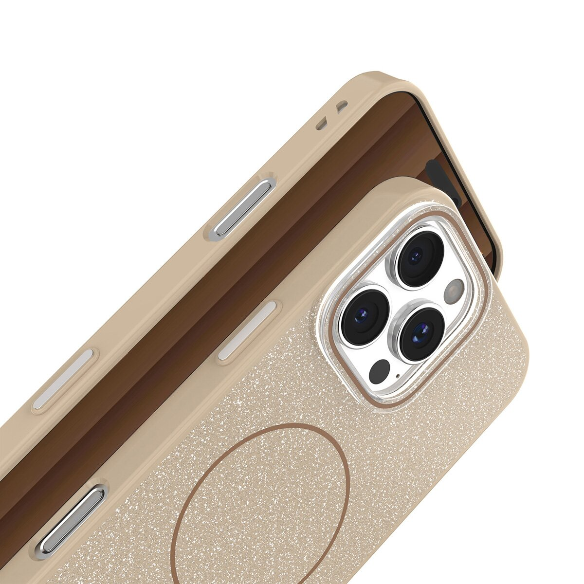 Nahaufnahme einer Handyhülle mit Glitzerfinish und braunem Akzent. Es hat mehrere Kameralinsen und ein kreisförmiges Design auf der Rückseite.