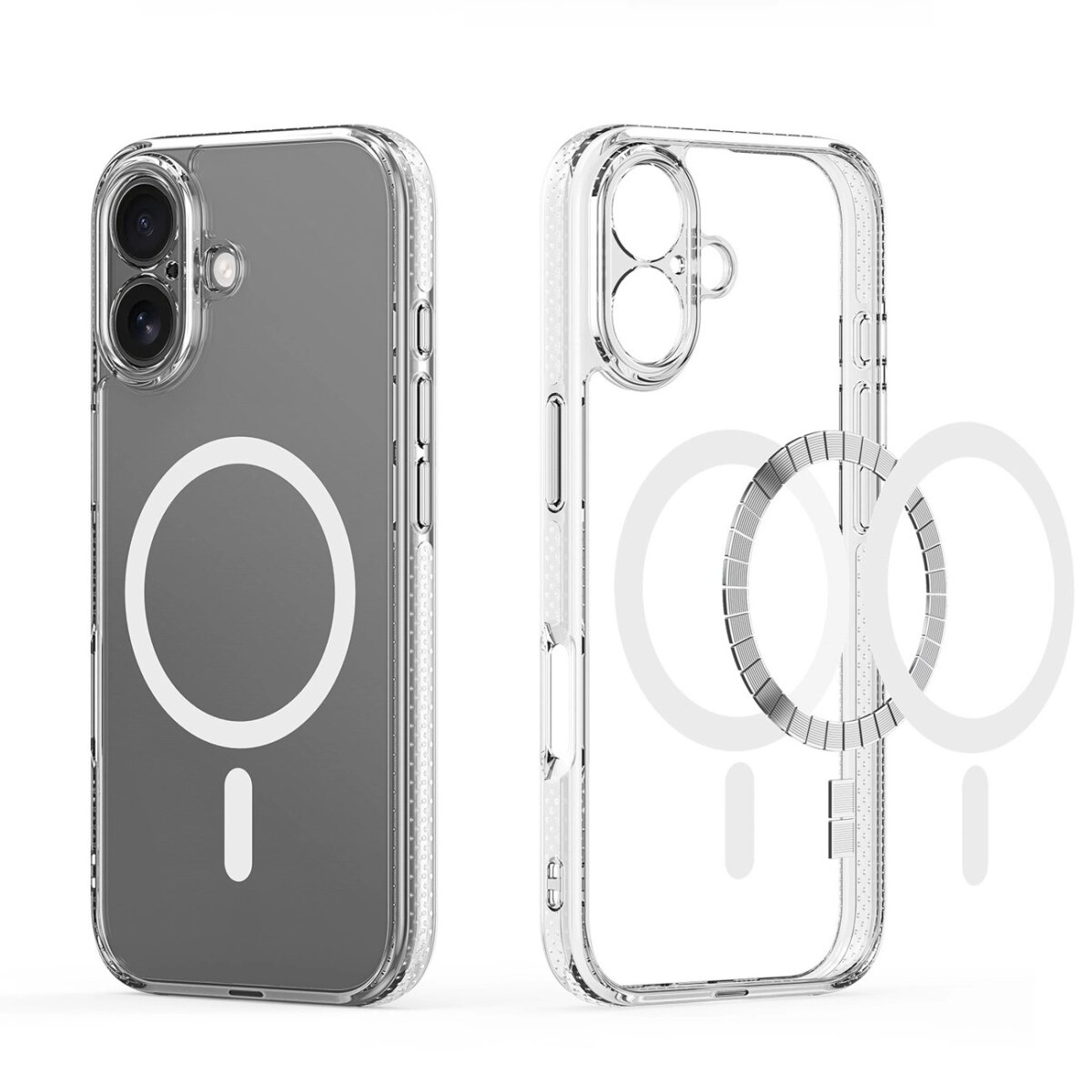 Zwei transparente Handyhüllen. Eine mit Telefon, Kamera und Magnetring. Die andere ist eine Hülle mit Magnetring-Umrissen.