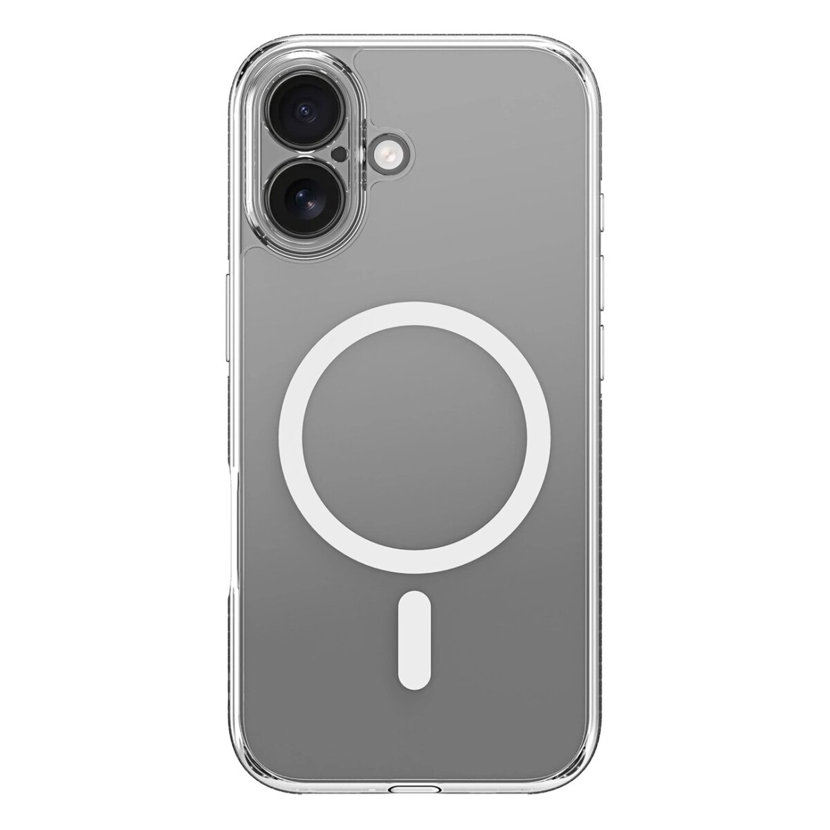 Transparente Handyhülle mit weißem Kreis- und Strichdesign. Oben zwei Kameralinsen und ein kleiner Kreis. Transparent.