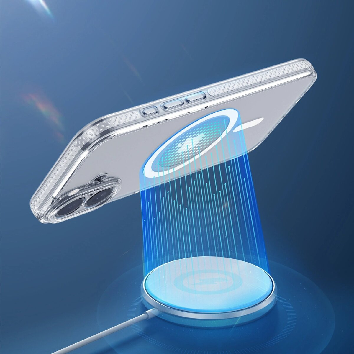 Ein Telefon in einer durchsichtigen Hülle schwebt über einem kabellosen Ladegerät. Blaue Lichtstrahlen verbinden Telefon und Ladegerät.