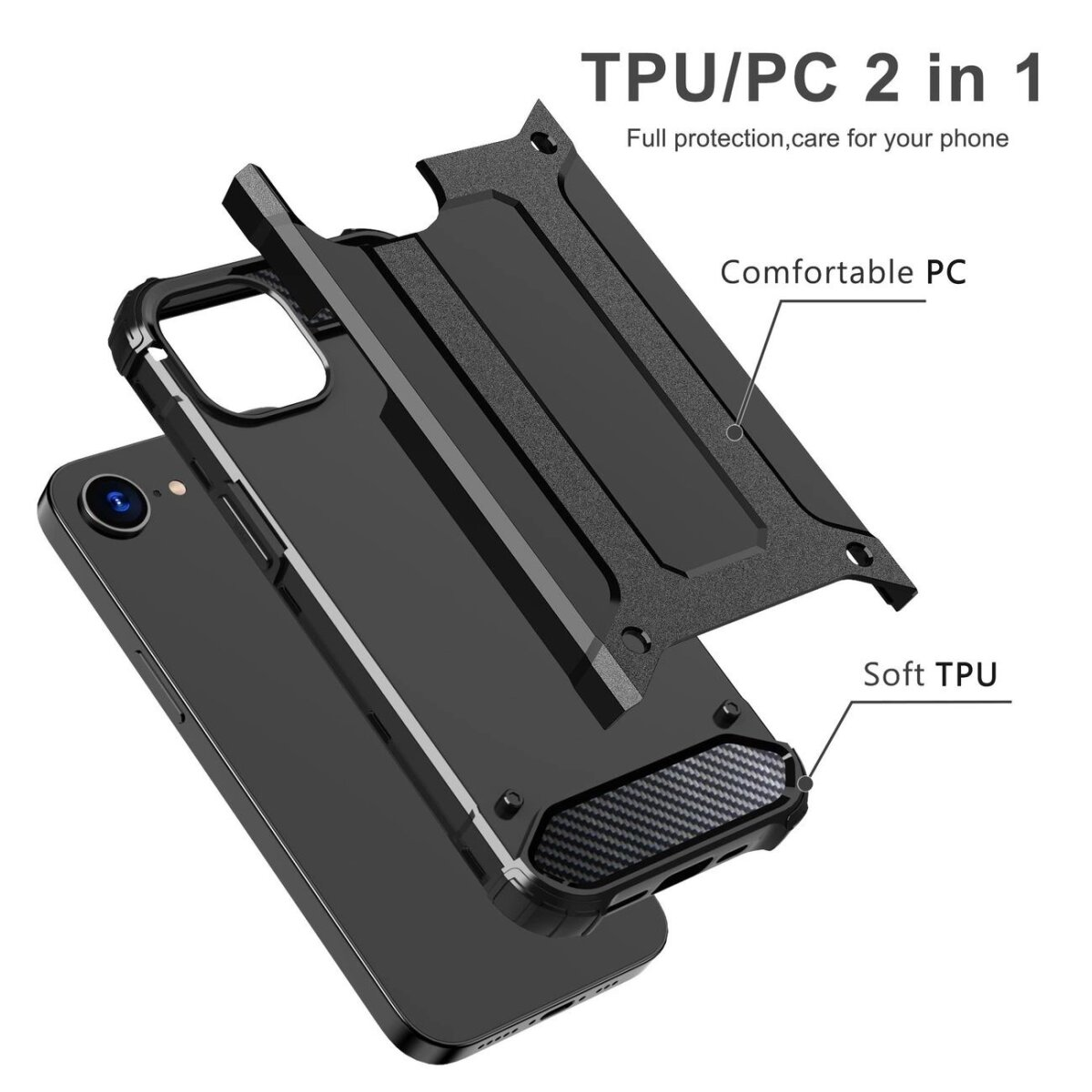 Schwarze Handyhülle in Schichten. Das Telefon befindet sich darunter. Etiketten: TPU/PC 2 in 1, Komfortables PC, Weiches TPU.