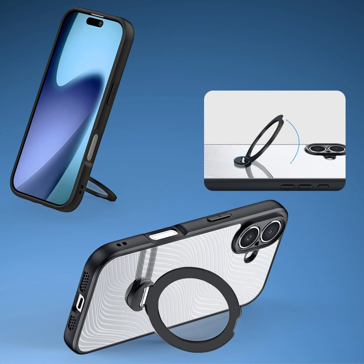 Drei Telefonhüllen mit integrierten Ringständern. Ein Telefon ist aufrecht, eines horizontal und eines hat eine Nahaufnahme des Ständers.