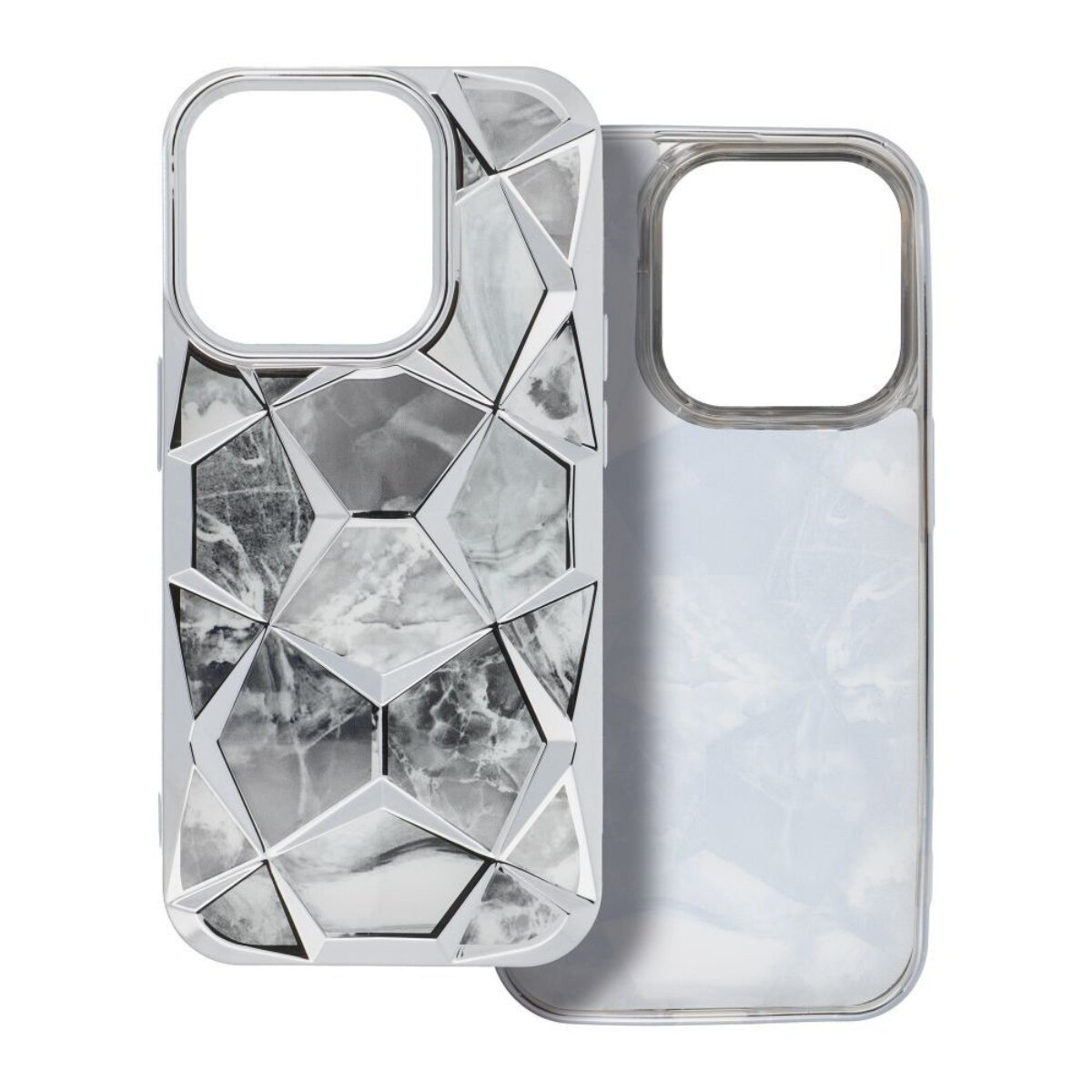Zwei Handyhüllen. Eine ist silberfarben, geometrisches Design. Die andere ist transparent. Beide haben Kamera- und Bildschirmöffnungen.