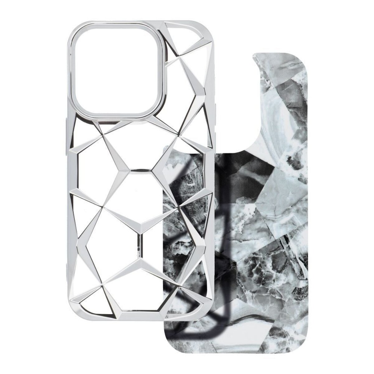 Eine Handyhülle mit geometrischem Design aus Silber, neben einer Rückwand mit Marmormuster. Die Hülle hat einen offenen Kamerabereich.