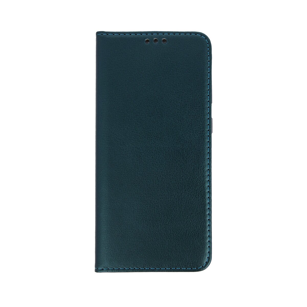 Eine tealfarbene Handyhülle vor weißem Hintergrund. Es ist eine Brieftasche mit Nähten und drei kleinen Löchern oben.