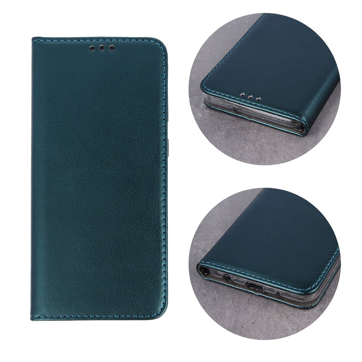Eine tealfarbene Leder-Handyhülle. Details sind Nähte, Aussparungen und ein Magnetverschluss. Mehrere Nahaufnahmen der Hülle werden gezeigt.