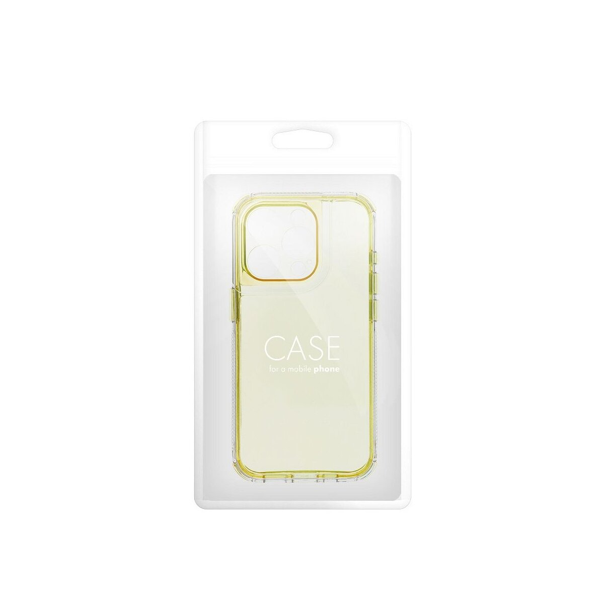 Eine gelbe Handyhülle in einer durchsichtigen Plastikverpackung. Auf der Hülle steht "CASE" und "for a mobile phone".