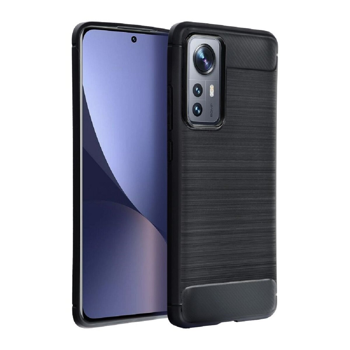 Schwarze Smartphone-Hülle mit strukturierter Rückseite und sichtbarer Kamera. Der Telefonbildschirm ist blau. Isoliert auf weißem Hintergrund.