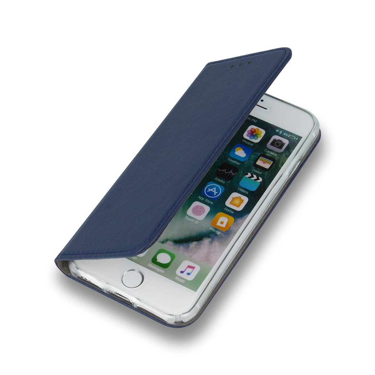 Ein weißes iPhone in einer blauen Hülle wird gezeigt und zeigt den Bildschirm mit verschiedenen App-Symbolen. Die Hülle ist teilweise geöffnet.