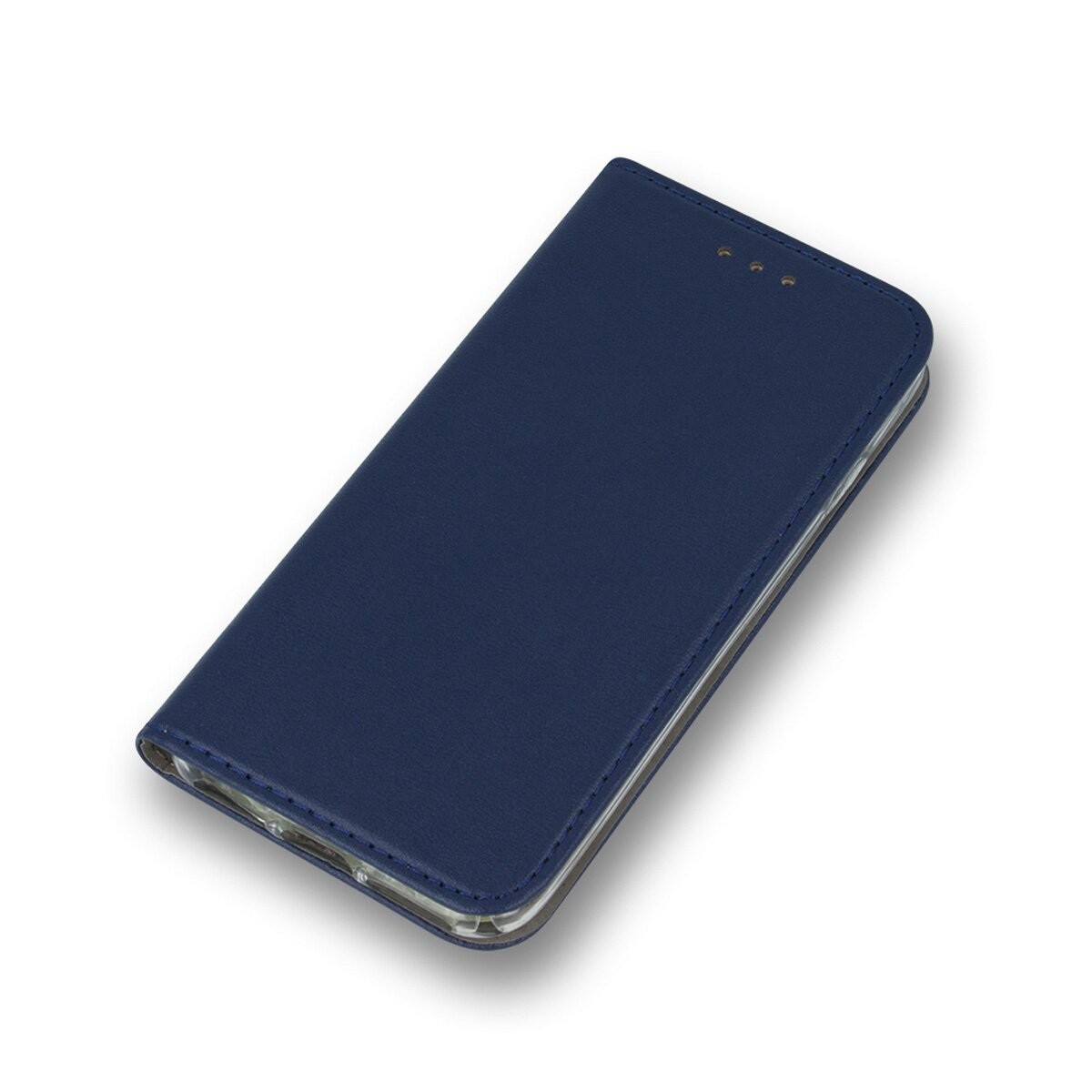 Eine blaue Leder-Handyhülle liegt auf einer weißen Oberfläche. Die Hülle ist geschlossen und hat einen Magnetverschluss.