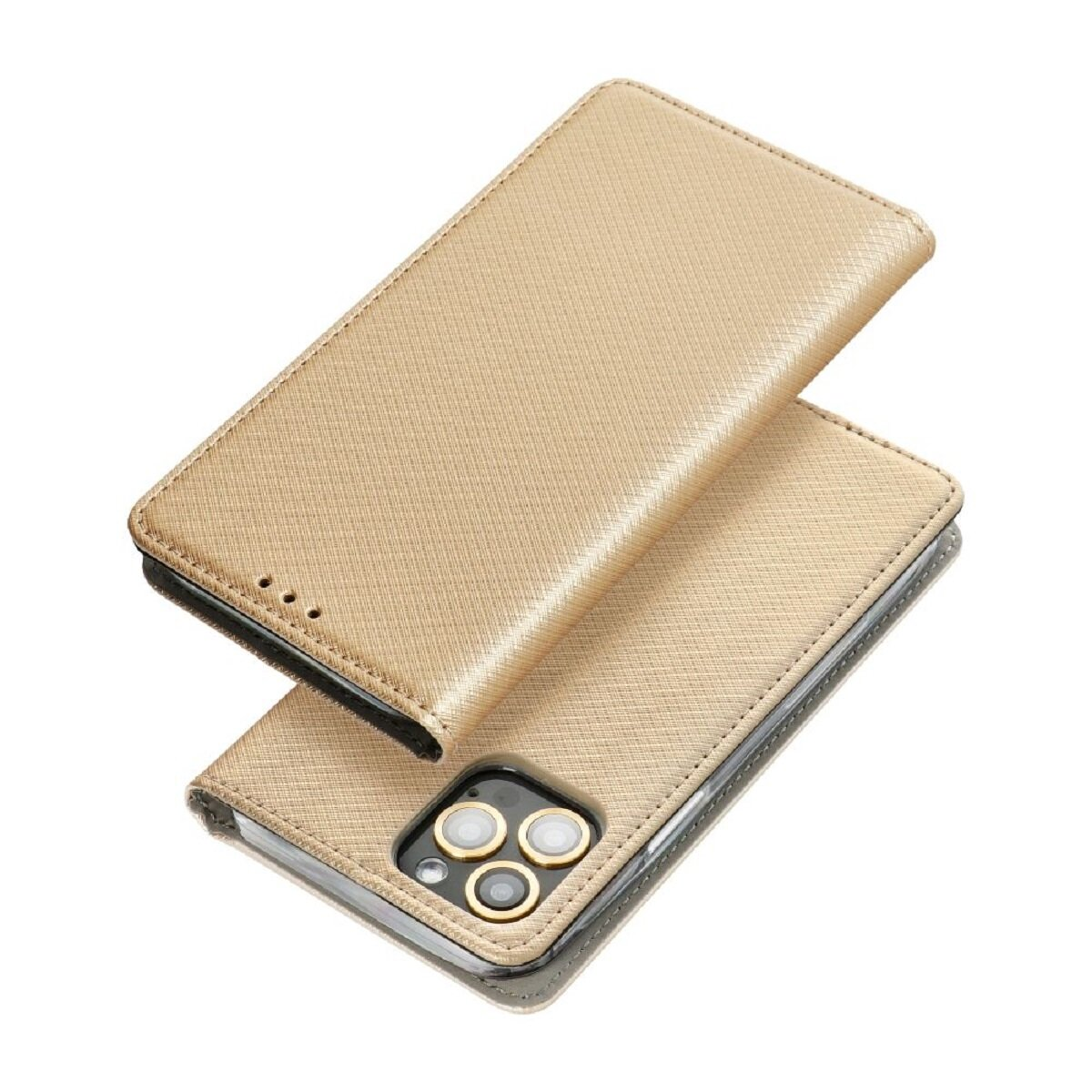Eine goldene Handyhülle ist geöffnet und zeigt die Kamera des Telefons. Die Hülle hat eine strukturierte Oberfläche und liegt auf weißem Hintergrund.