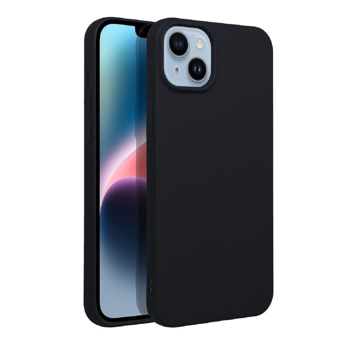 Eine schwarze Handyhülle mit einem iPhone darin. Der Bildschirm zeigt ein farbenfrohes Bild. Die Hülle befindet sich auf weißem Hintergrund.